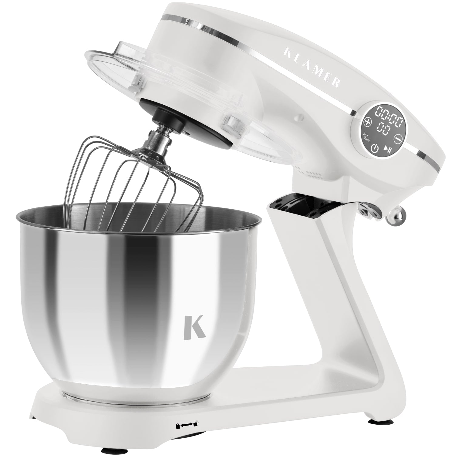 Ein weißer Küchenmixer mit einer Edelstahlschüssel und einem durchsichtigen Kunststoffschild. Der Mixer steht auf einer weißen Oberfläche.