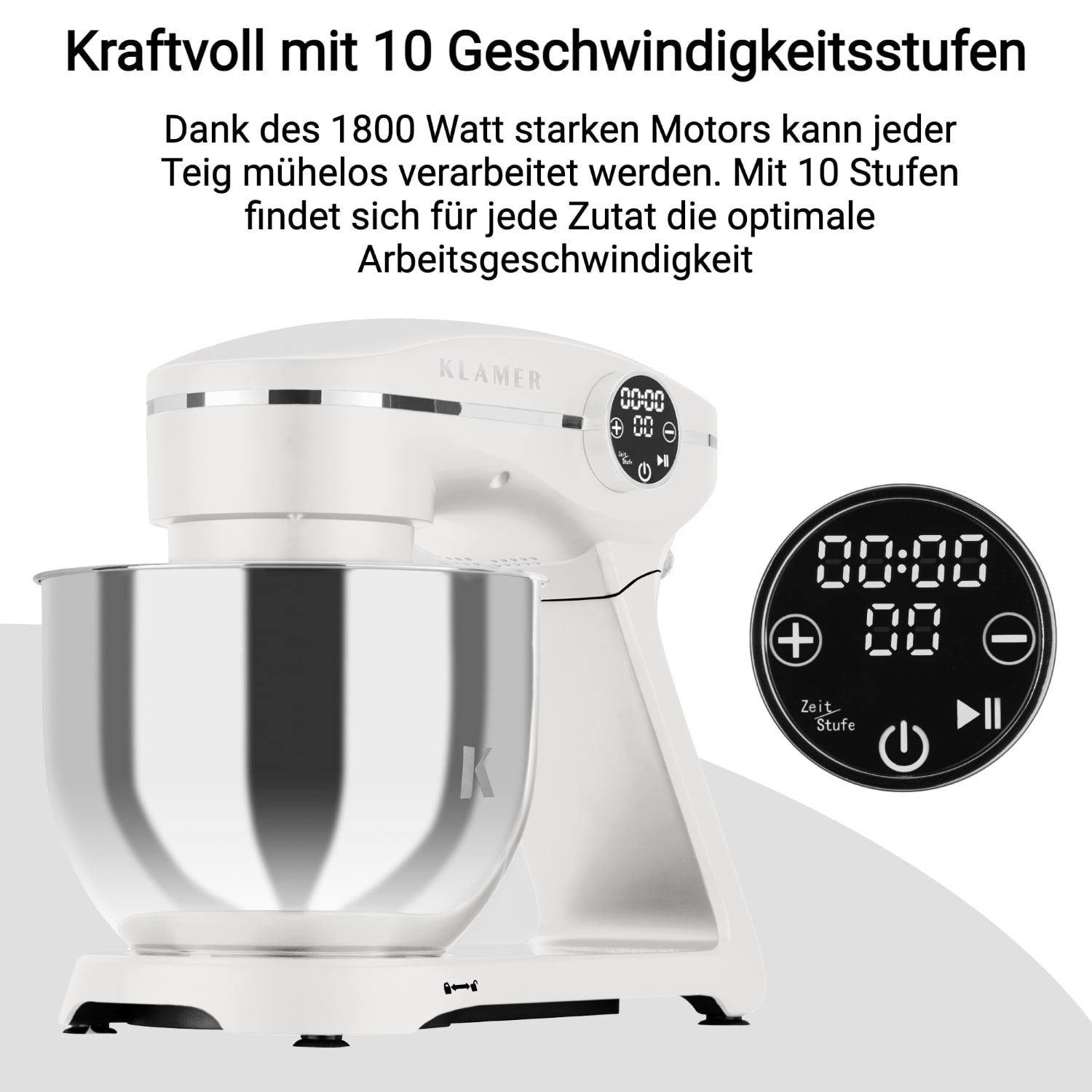 Weißer Küchenmixer mit Digitalanzeige, silberner Schüssel und Text auf Deutsch.