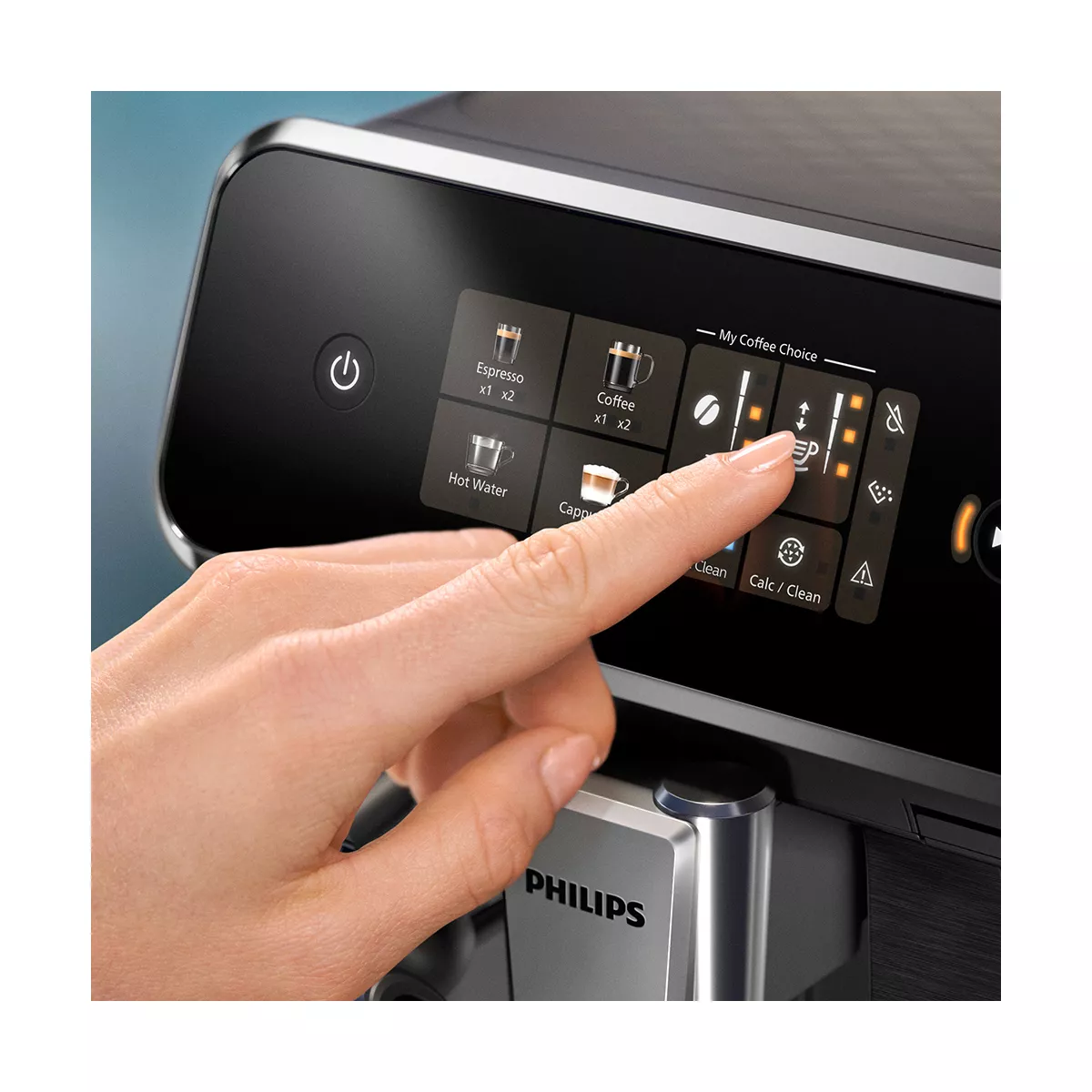 Eine Hand berührt einen Kaffeeautomaten-Bildschirm. Der Bildschirm zeigt mehrere Optionen.
