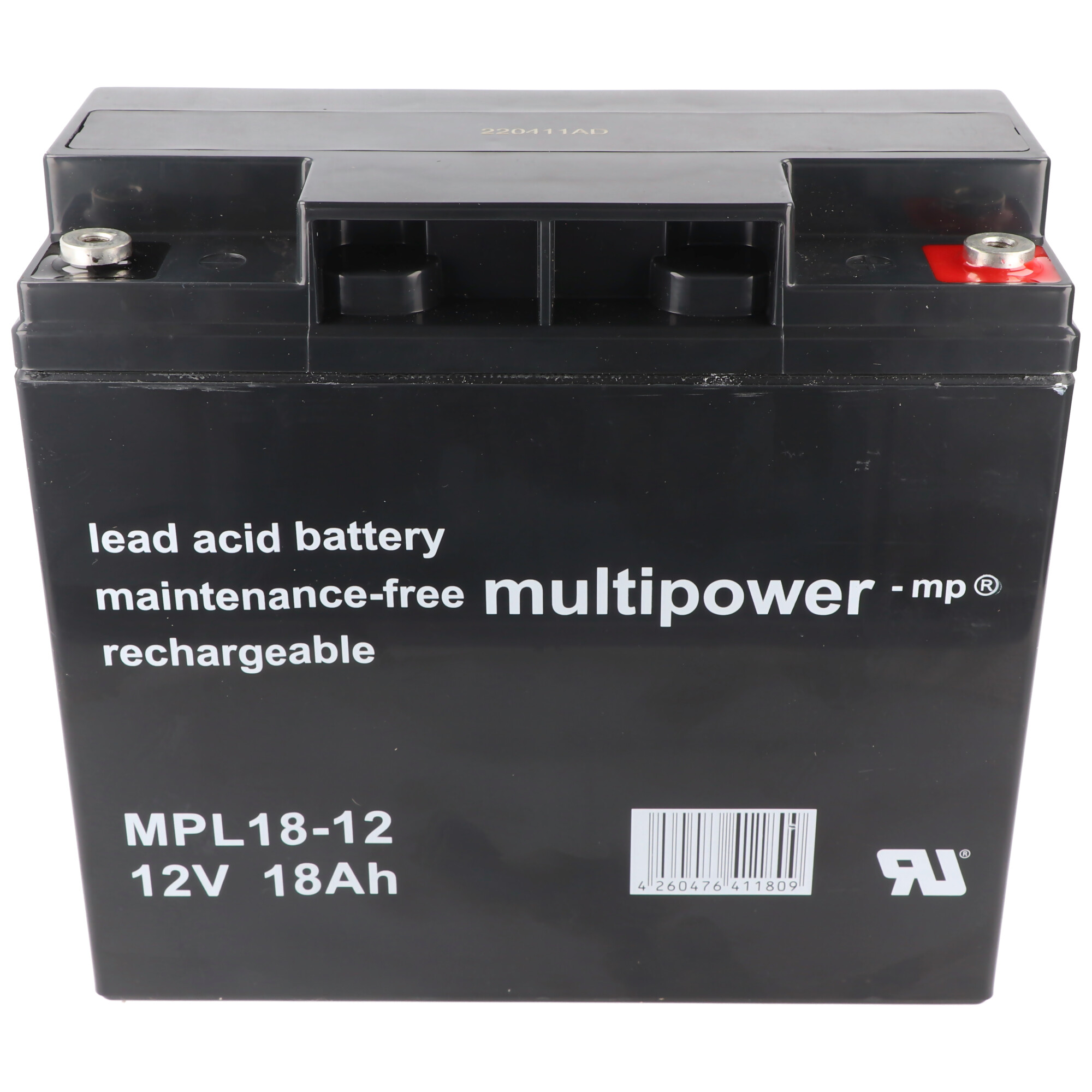 Eine schwarze Blei-Säure-Batterie mit weißem Text, schwarzer Oberseite und weißem Hintergrund.