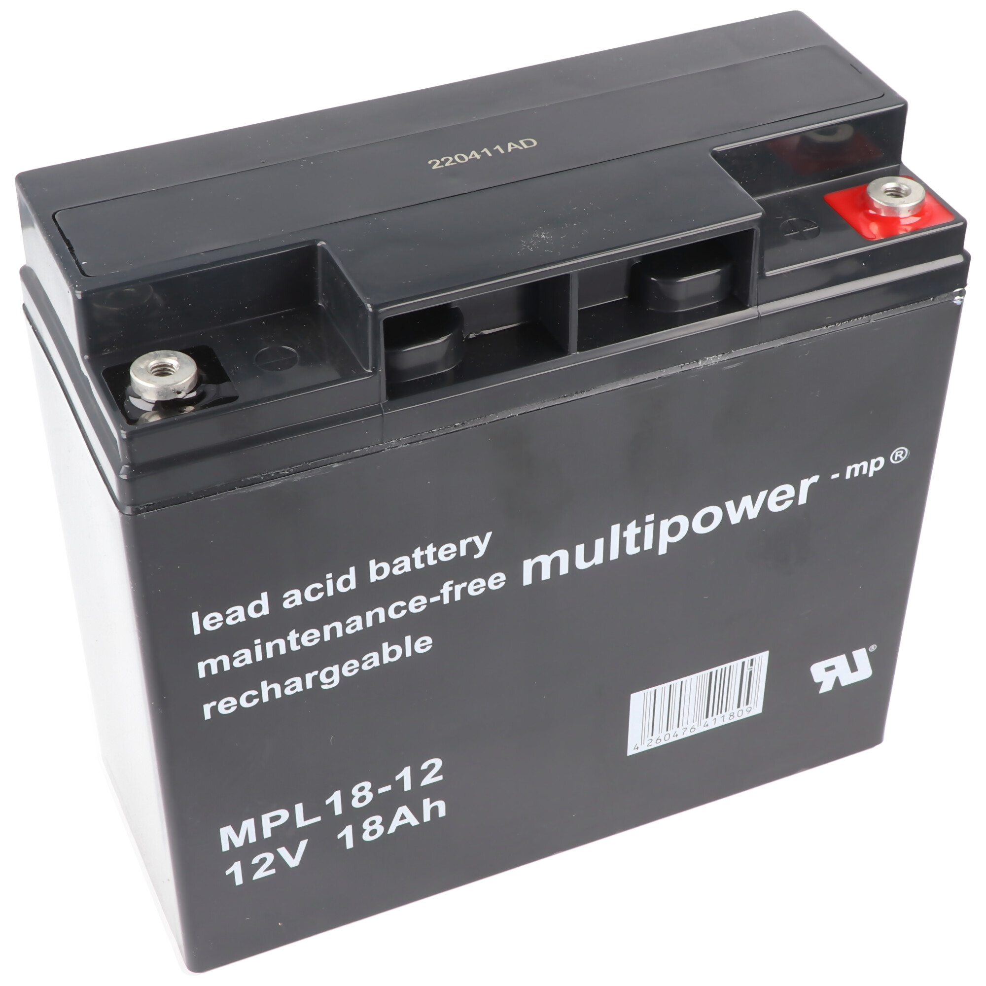 Eine schwarze rechteckige Blei-Säure-Batterie mit weißem Text und roten und silbernen Anschlüssen.