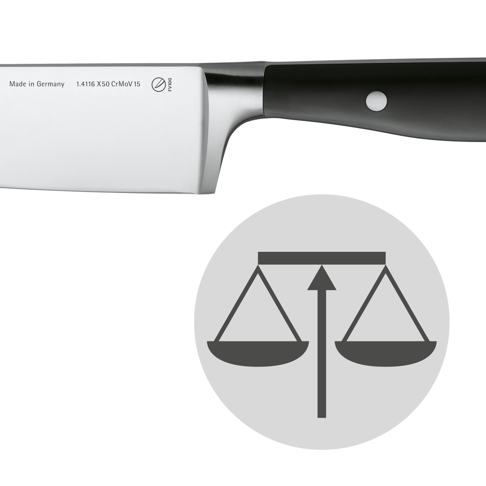 Messerklinge mit schwarzem Griff und Waage-Symbol. Text: "Made in Germany" und "1.4116 X50 CrMoV 15".