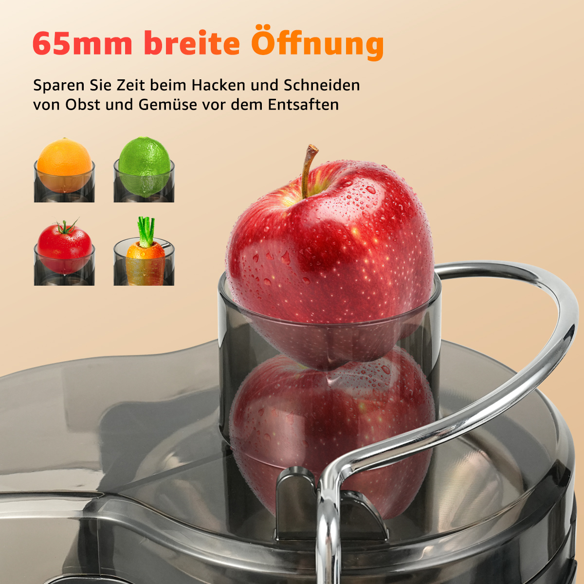 Nahaufnahme des Entsafters mit Äpfeln. Enthält Orange, Limette, Apfel und Karotte in Behältern.