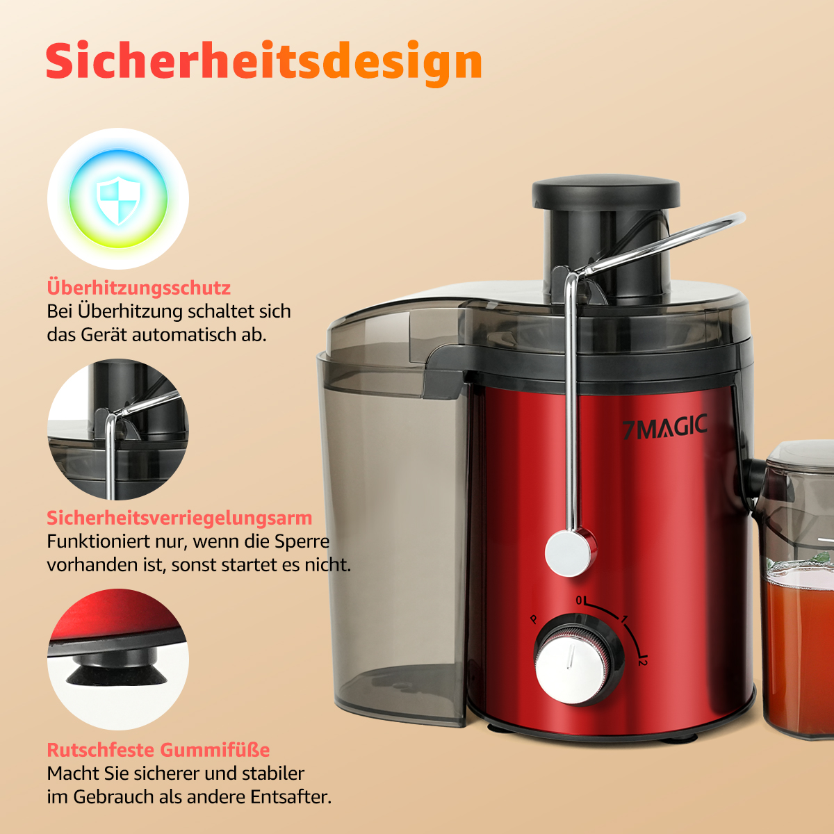 Roter Entsafter mit Sicherheitsmerkmalen und Textbeschriftungen.
