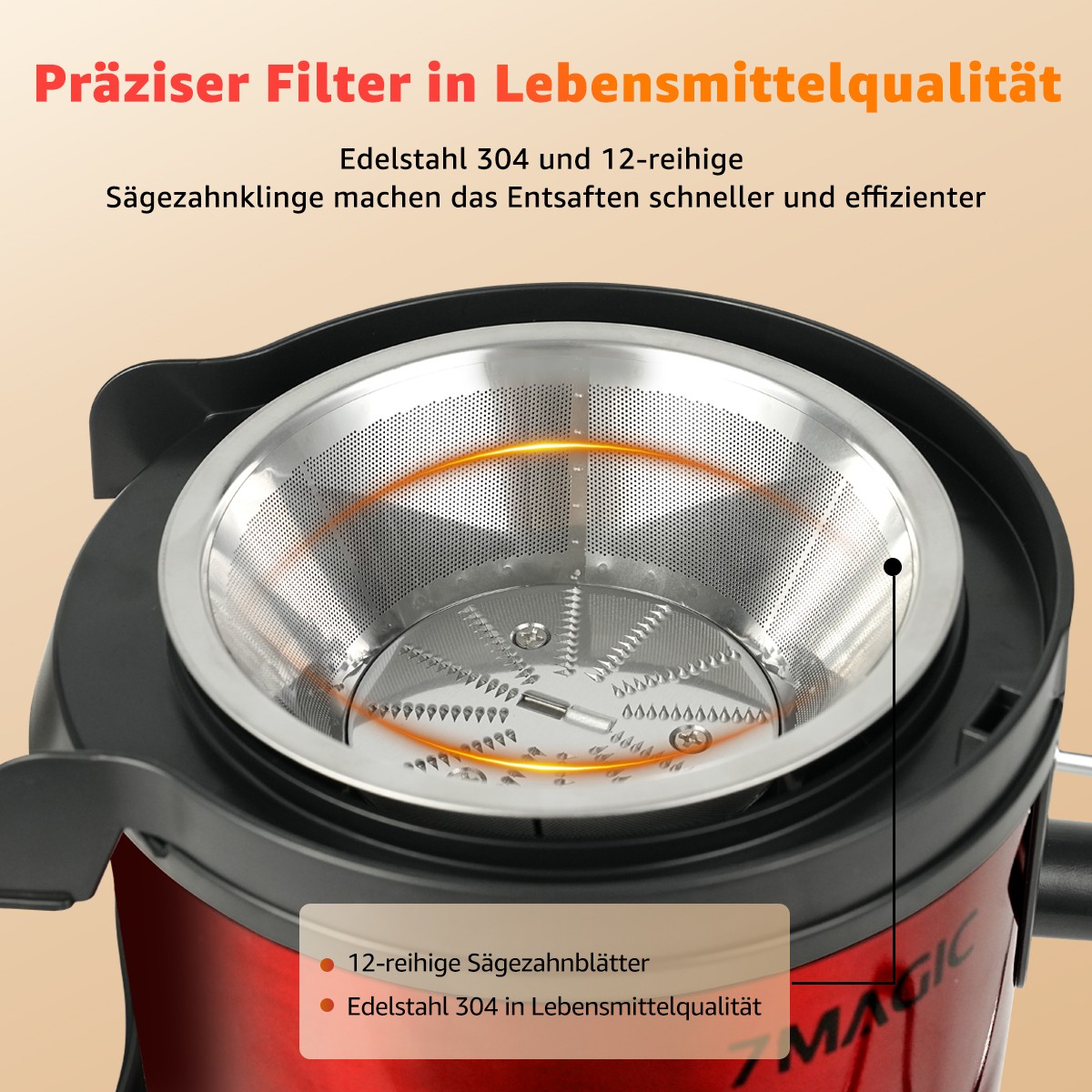 Das Innere eines Entsafters mit Edelstahlfilter und roter Außenseite.