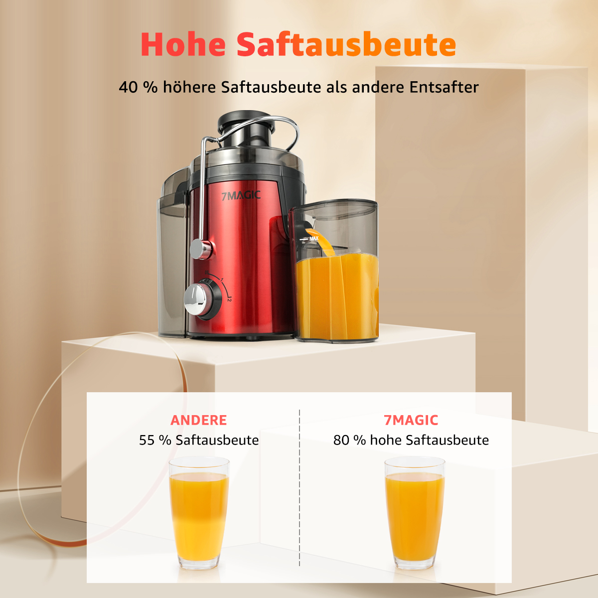Ein Entsafter mit Orangensaft und einem Vergleichsdiagramm.