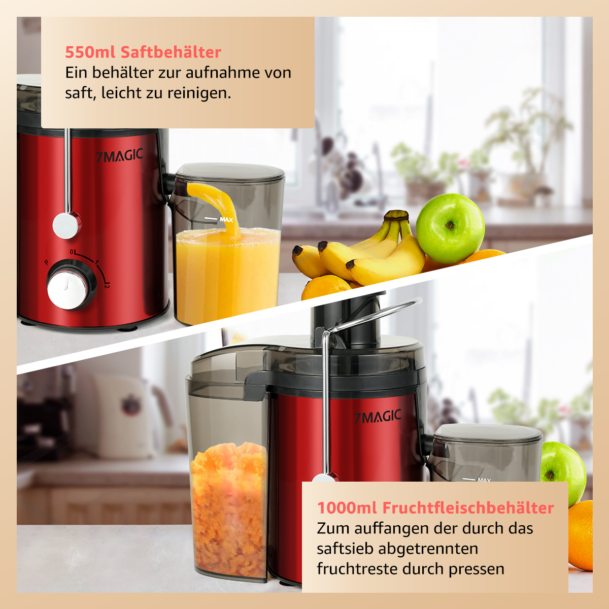 Ein roter Entsafter mit zwei Behältern und etwas Obst. Nahaufnahme von Saft sichtbar.