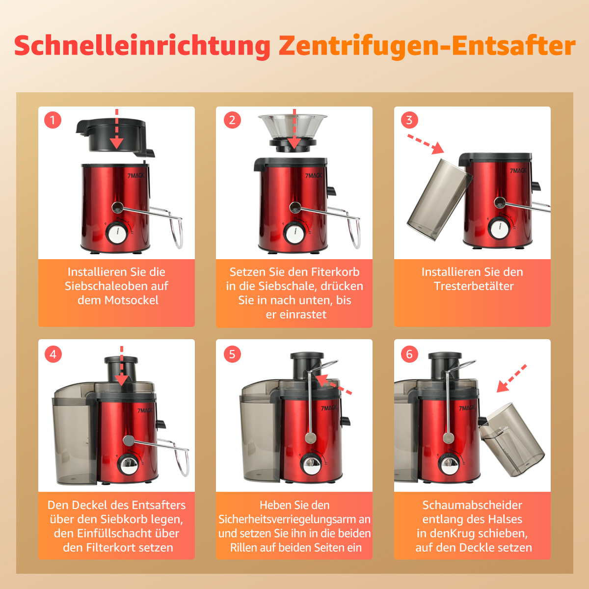 Diagramm zeigt die Schritte zur Verwendung eines Entsafters. Anweisungen sind auf Deutsch. Der Entsafter ist rot und schwarz.