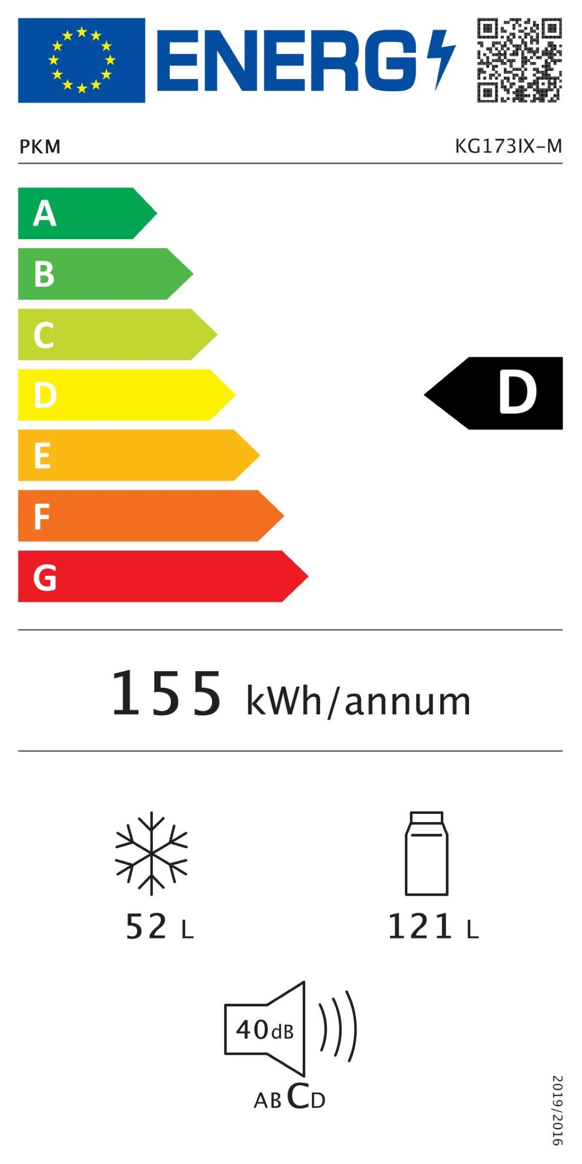 Ein Energielabel mit Bewertungen für einen Kühlschrank. Es zeigt den Energieverbrauch und andere Spezifikationen.