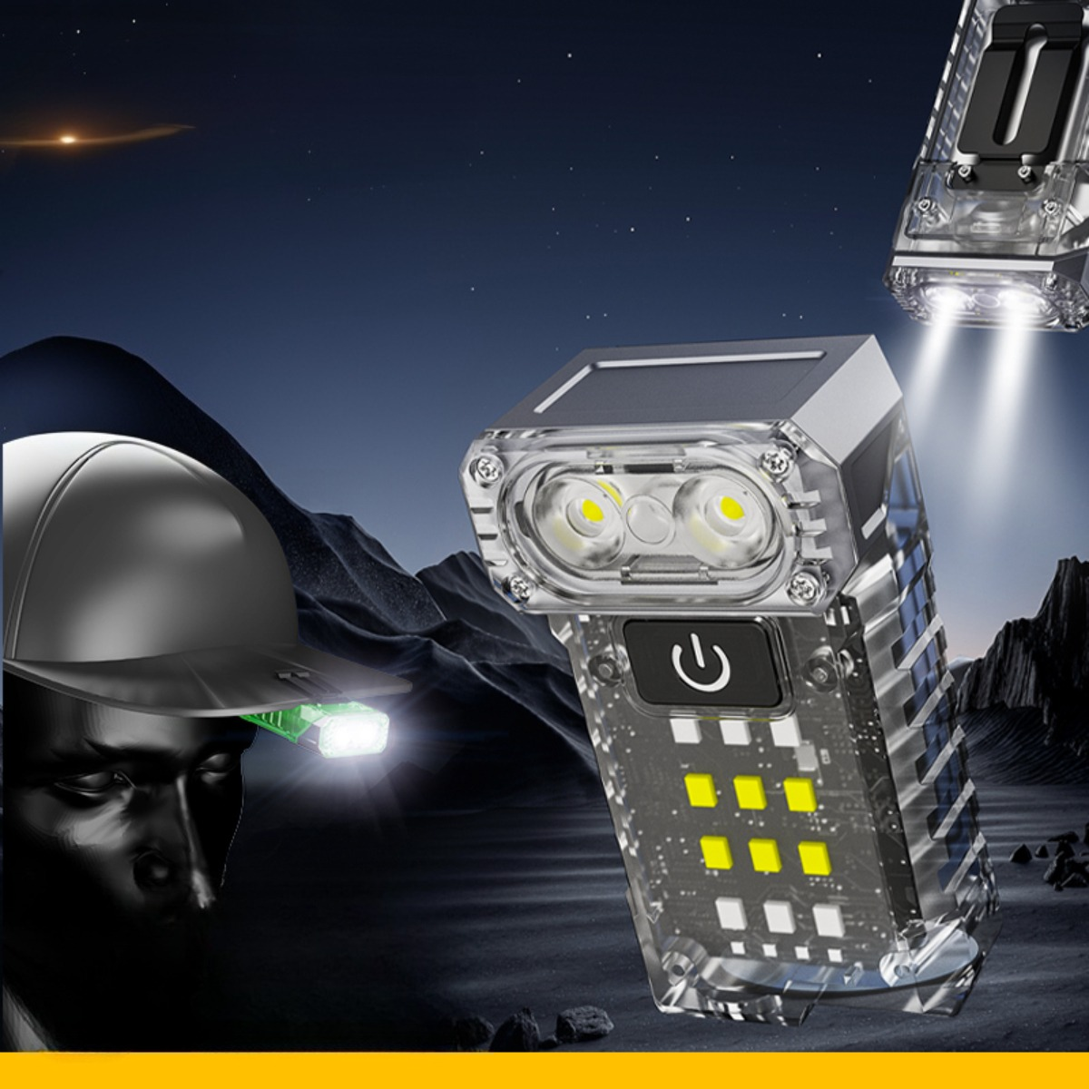 Stirnlampe mit Mann und Hut. Die Stirnlampe ist eingeschaltet und leuchtet nach vorne.
