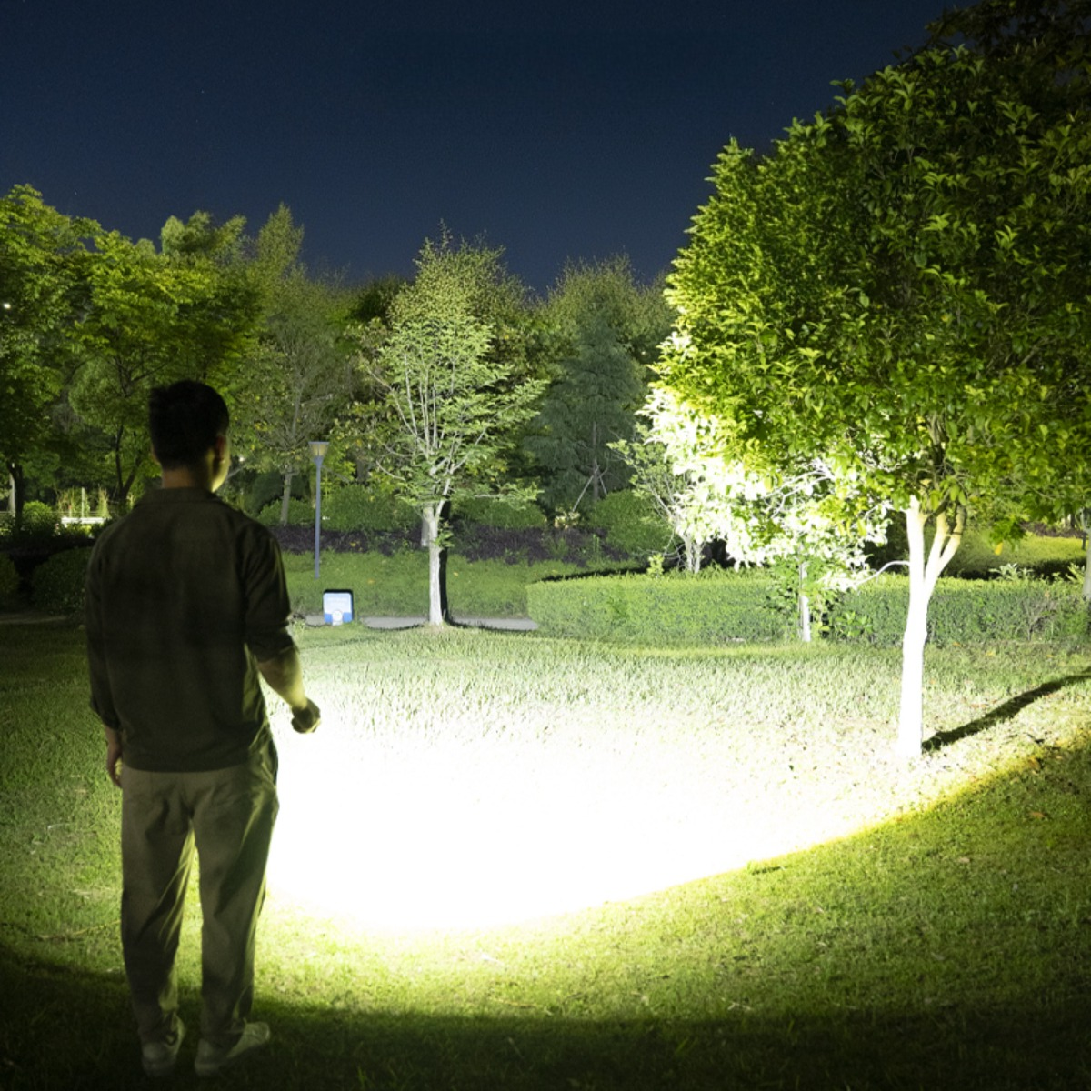 Eine Person leuchtet nachts mit einem Scheinwerfer auf eine grasbewachsene Fläche. Das Licht beleuchtet das Gras.