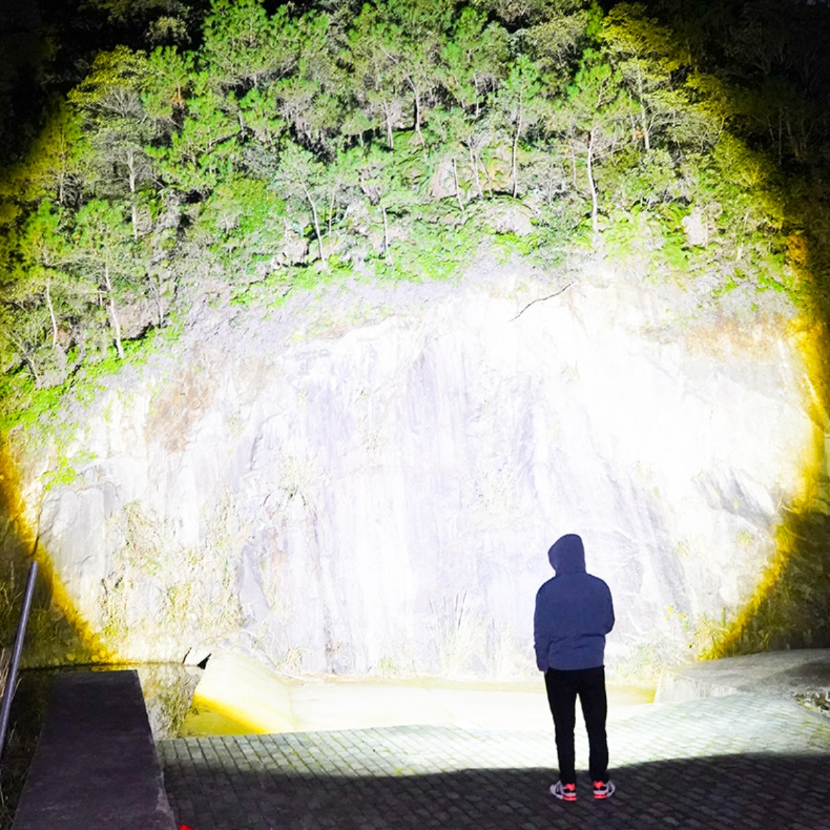 Person steht vor hellem Licht auf felsiger Oberfläche. Hintergrund: Bäume und Himmel.
