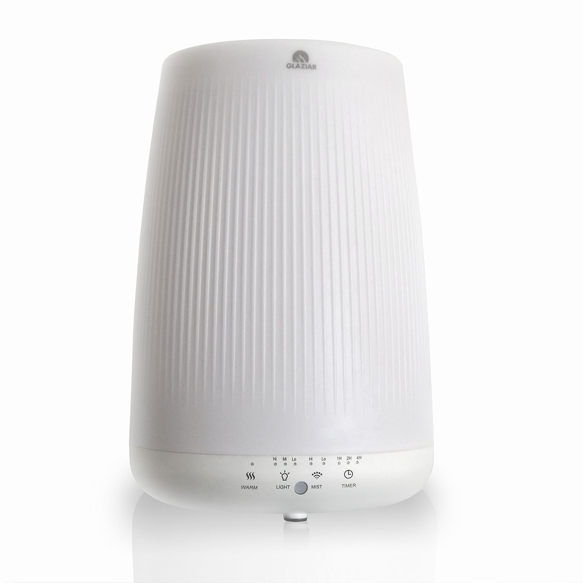 Humidificador cilíndrico blanco con botones de control, aislado en blanco.