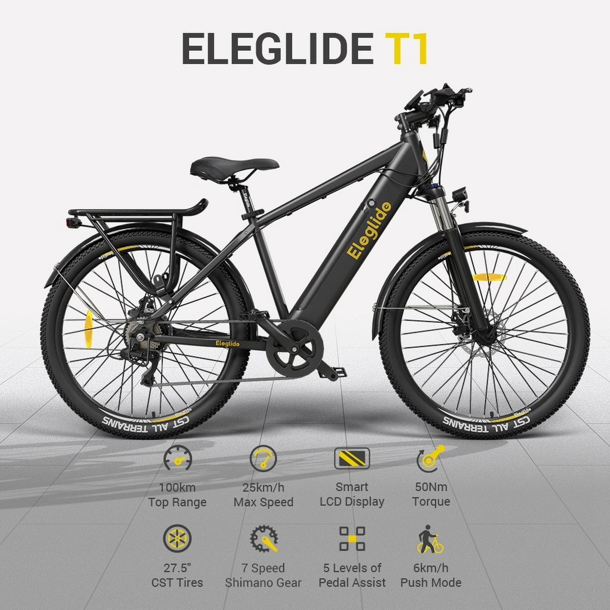 Schwarzes ELEGLIDE T1 Elektrofahrrad. Es hat gelbe Akzente mit Spezifikationen zu Geschwindigkeit, Reichweite und mehr.