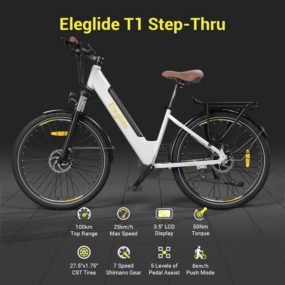 Weißes Eleglide T1 Step-Thru E-Bike mit Textbeschriftungen. Reichweite, Geschwindigkeit, Display.