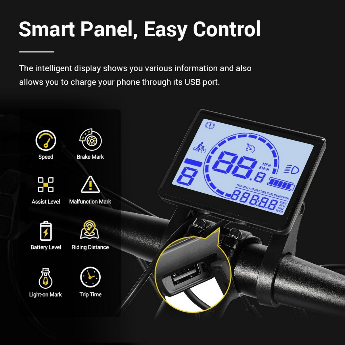 Cyfrowy wyświetlacz roweru elektrycznego pokazujący prędkość, baterię i inne wskaźniki.