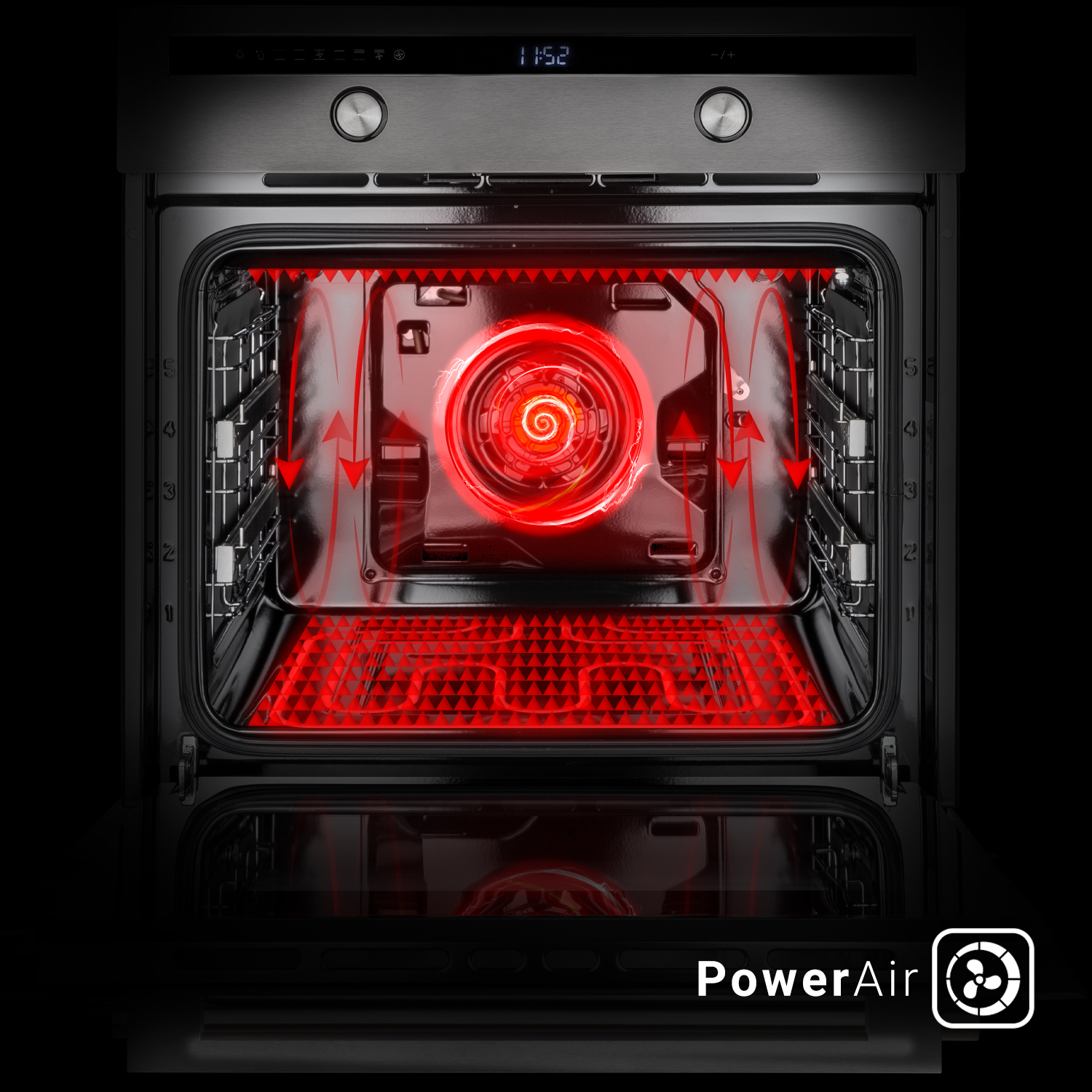 Das Innere eines Ofens wird gezeigt. Rotes Licht beleuchtet die inneren Komponenten und das PowerAir-Logo.