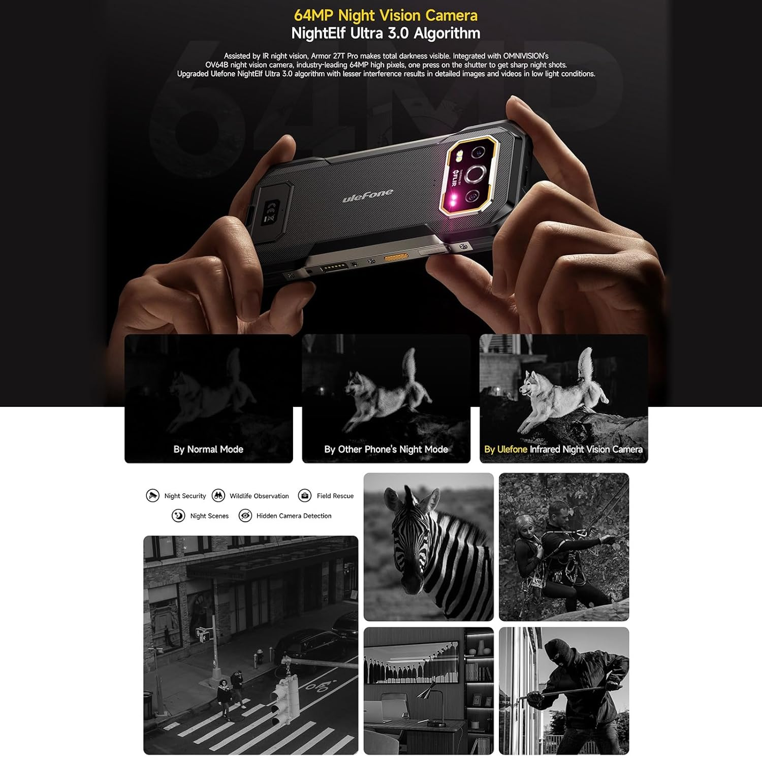 Funzionalità della fotocamera Ulefone NightElf Ultra 3.0, esempi di visione notturna.