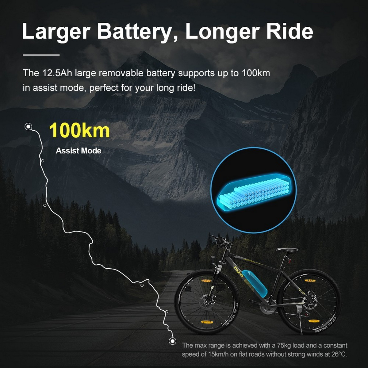 Ein Elektrofahrrad mit großem Akku und einer Infografik, die seine Reichweite zeigt.