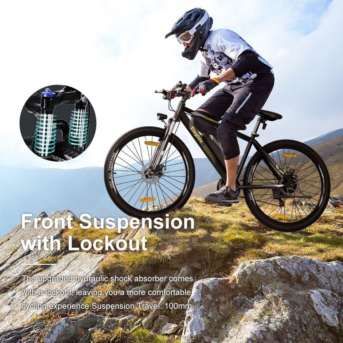 Mann fährt auf einem Berg ein schwarzes Elektrofahrrad, mit Textbeschreibung.