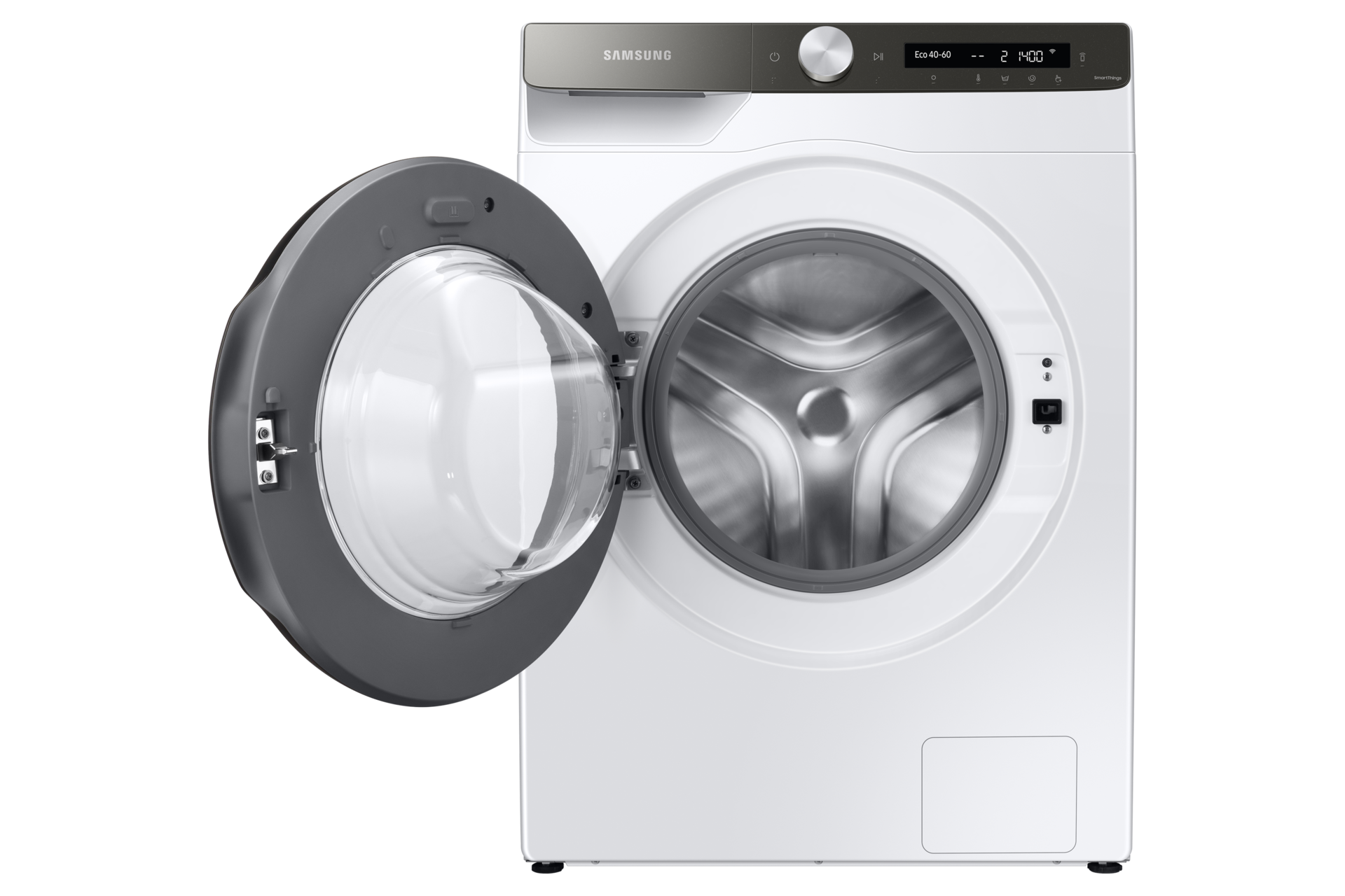 Eine weiße Waschmaschine mit offener Tür.