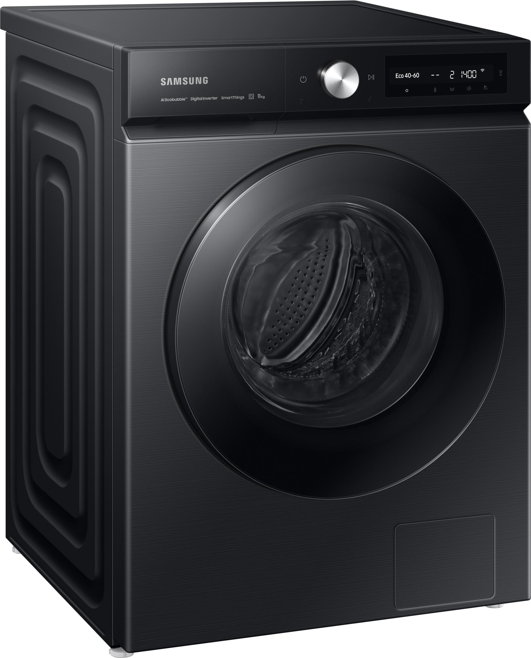 Eine schwarze Waschmaschine. Samsung-Logo auf der Vorderseite. Runde Tür und Bedienfeld sind sichtbar.