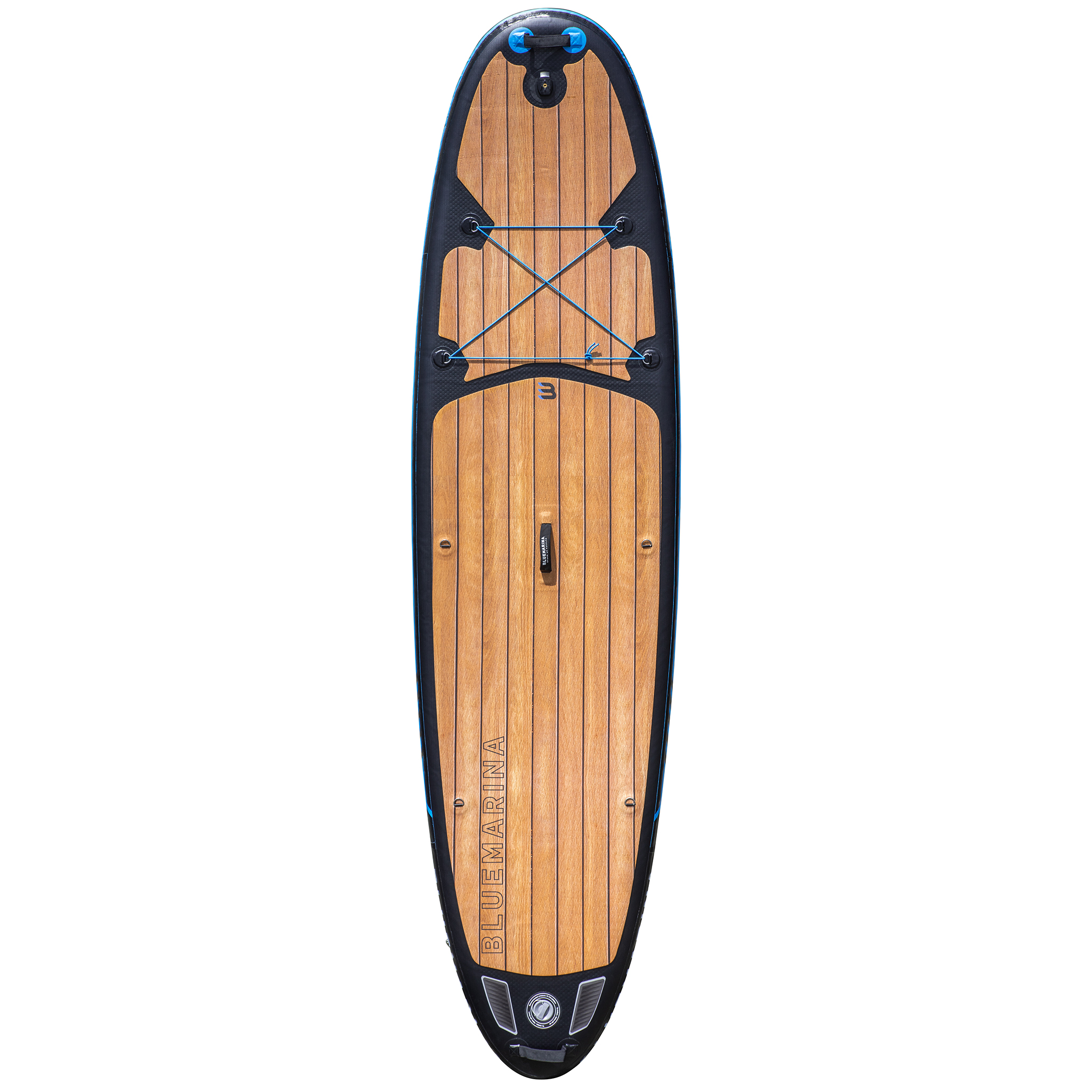 Ein Holz-Paddleboard mit blauer Schnur und schwarzen Kanten, von oben betrachtet. Auf dem Board steht BLUEMARINA.