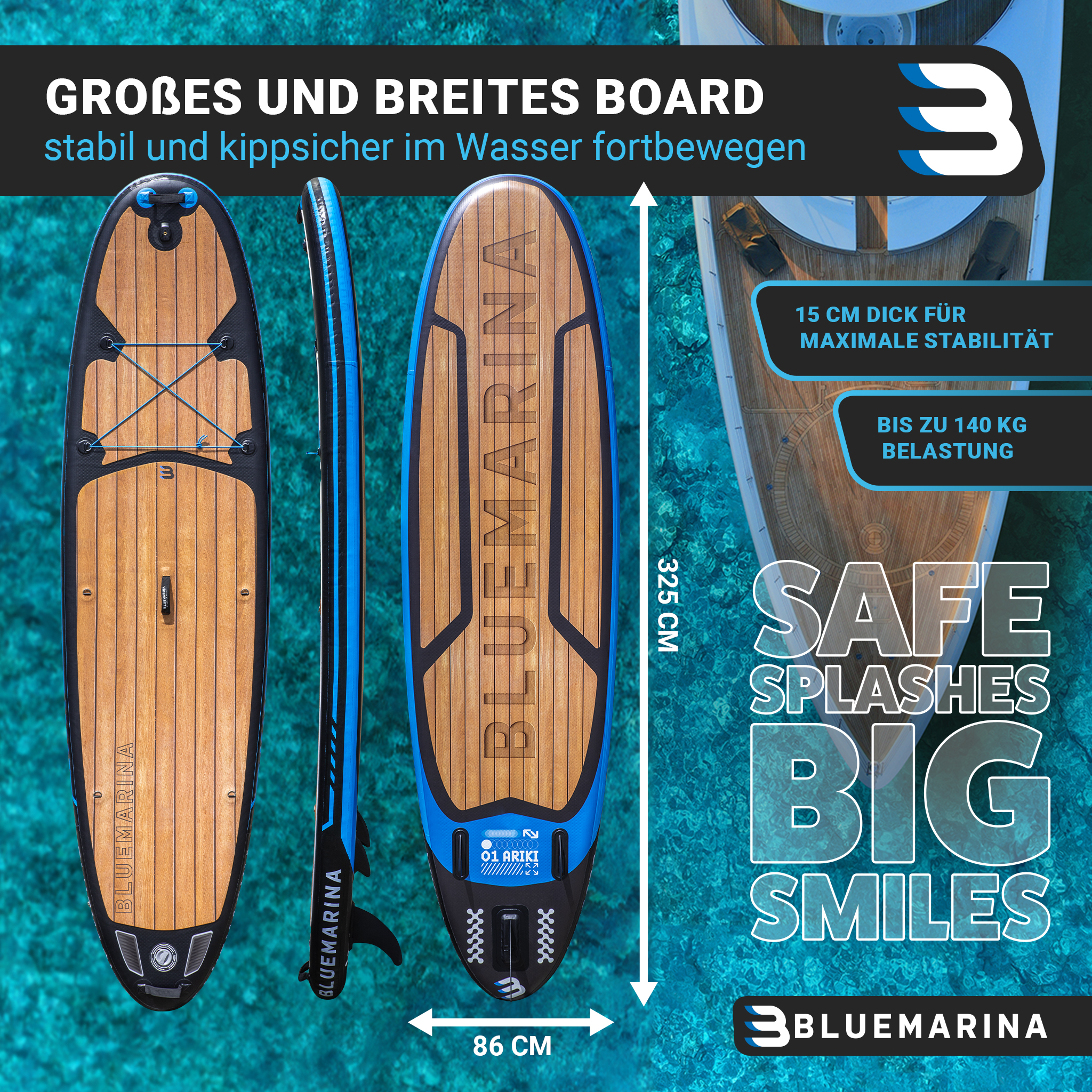 Stand-Up Paddleboard auf einem See, mit Text und Logo. Blaues Wasser und Himmel.