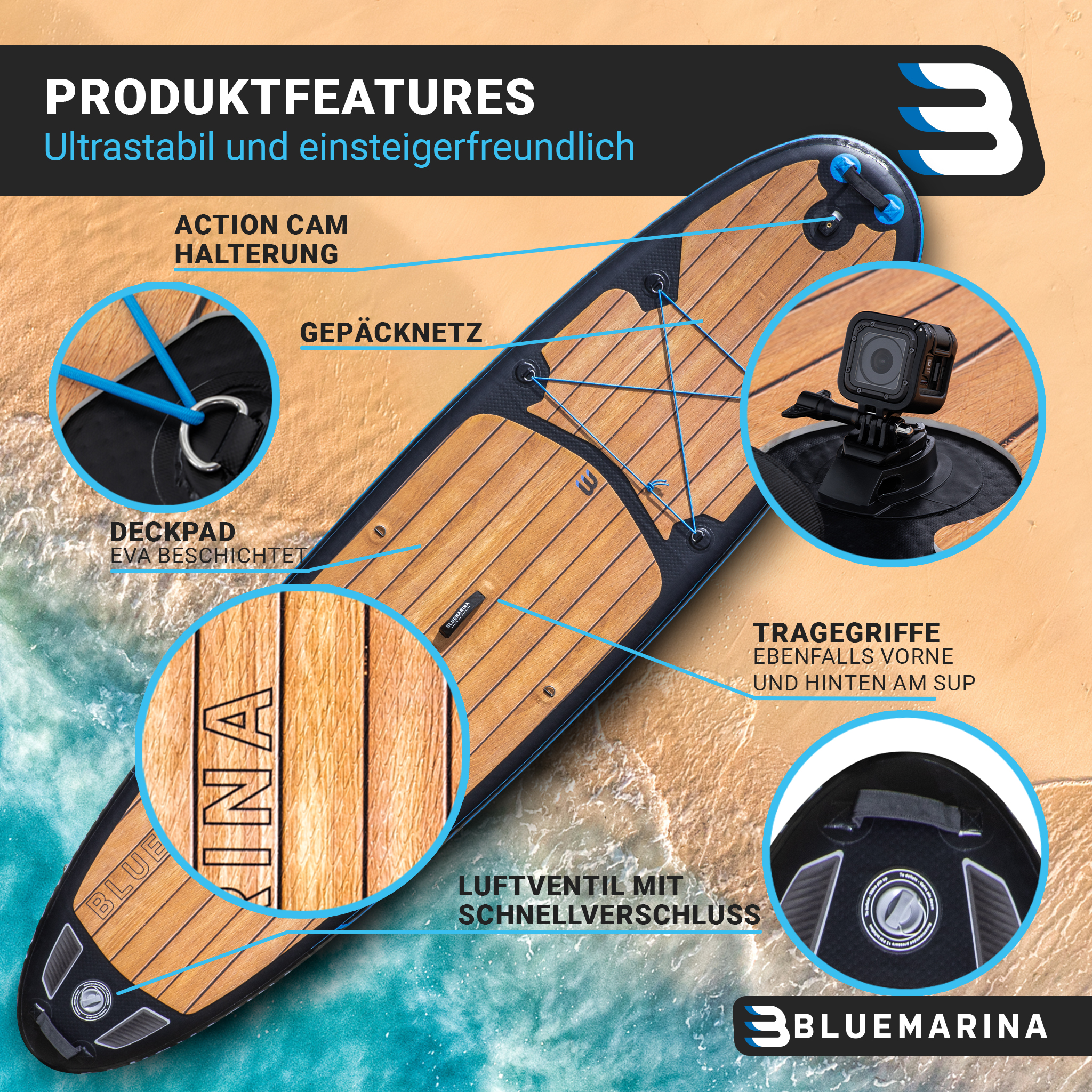 Ein blaues und braunes Paddleboard mit Textbeschriftungen. Es gibt eine Kamerahalterung und ein Logo.