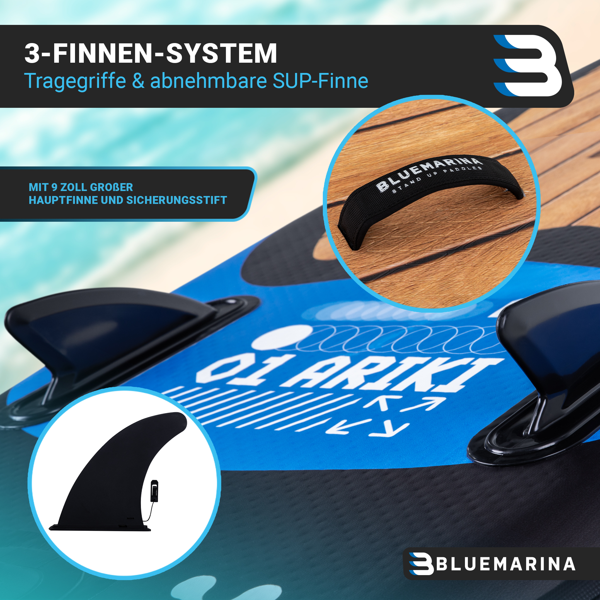 Ein blaues und schwarzes Stand-Up Paddleboard mit Finnen. Enthält einen schwarzen Griff und eine Finne.