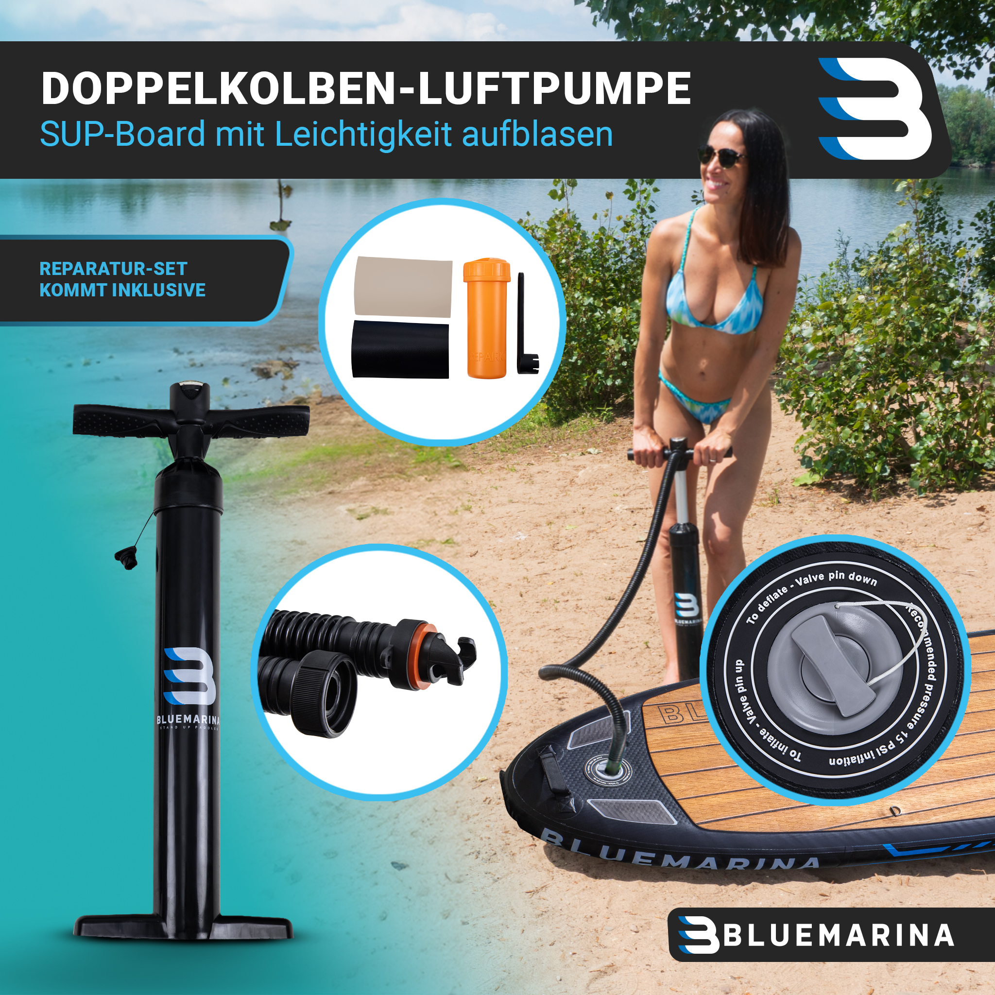 Eine Frau pumpt ein Paddleboard mit einer Handpumpe auf. Ein Reparatur-Set ist ebenfalls abgebildet.