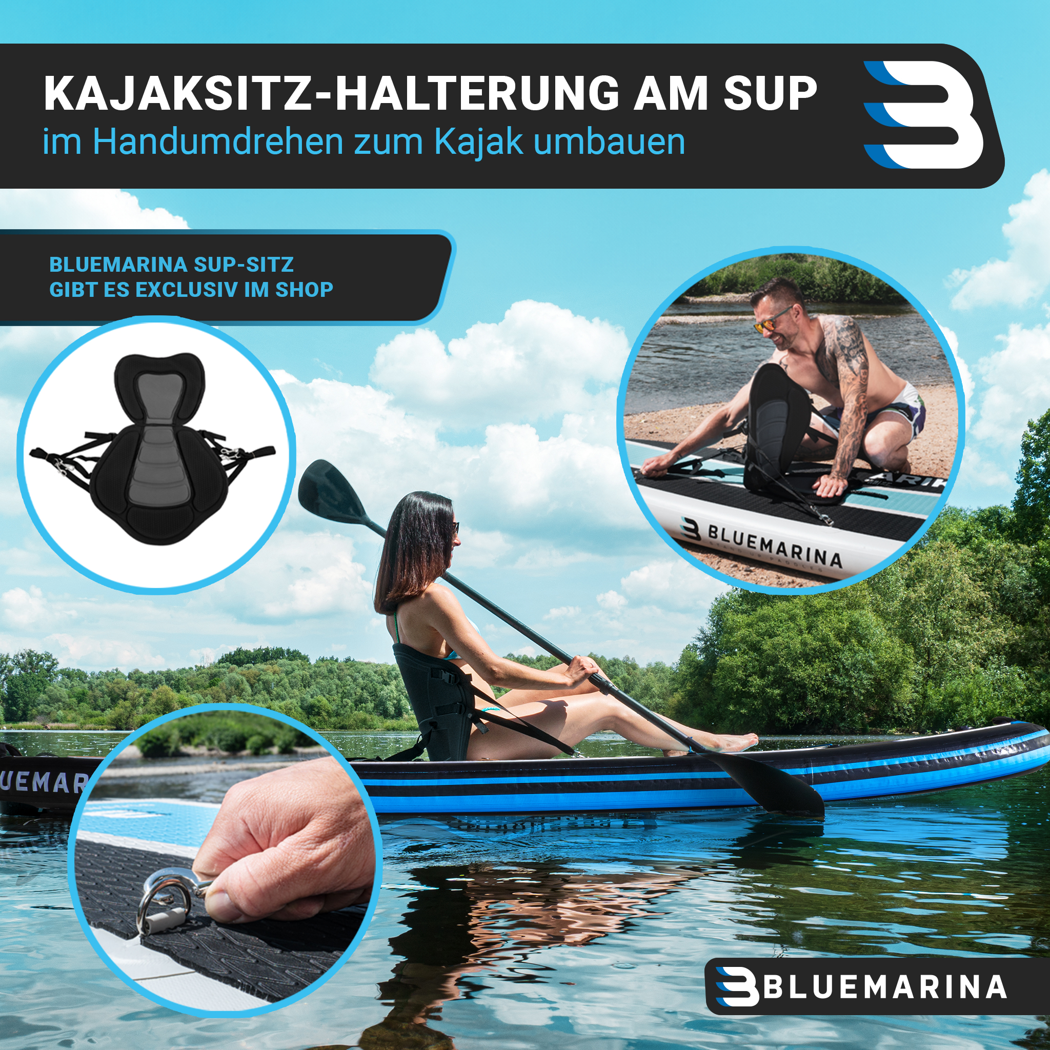 Eine Person sitzt auf einem Kajaksitz auf einem SUP-Board.
