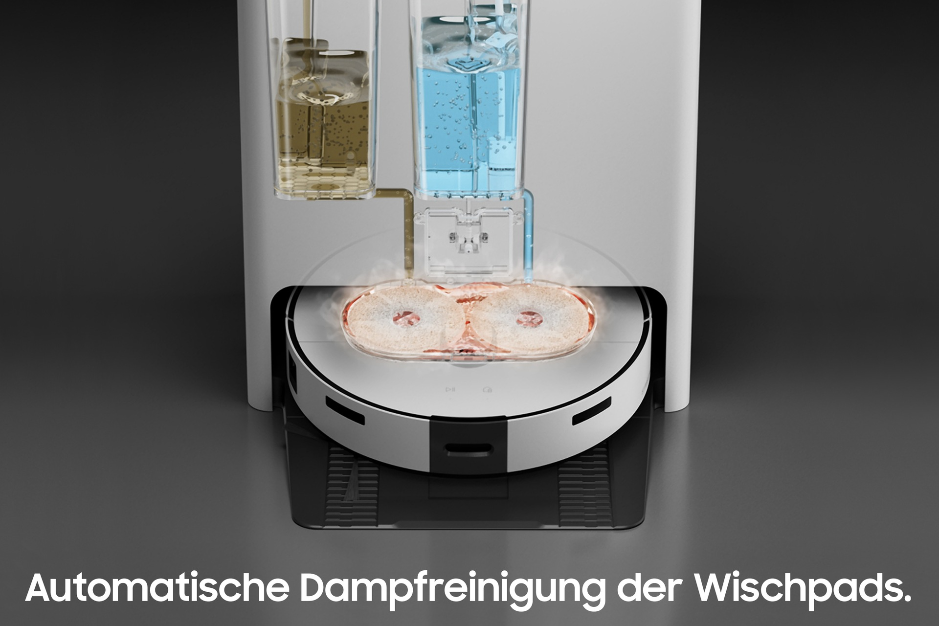 Robot odkurzający czyszczący pady, z tekstem, na ciemnym tle.