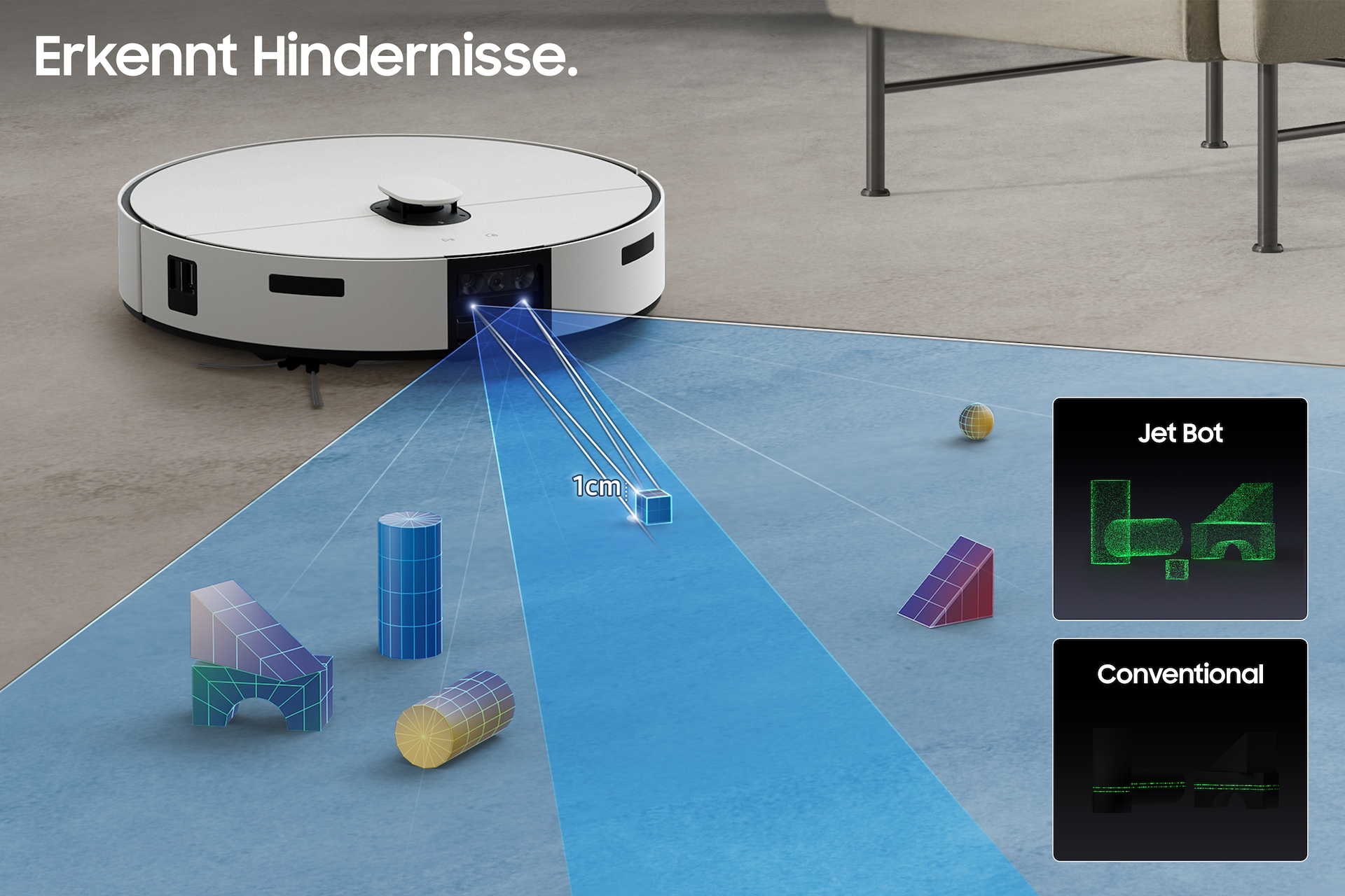 Robot odkurzający omijający przeszkody z niebieskim polem detekcji.