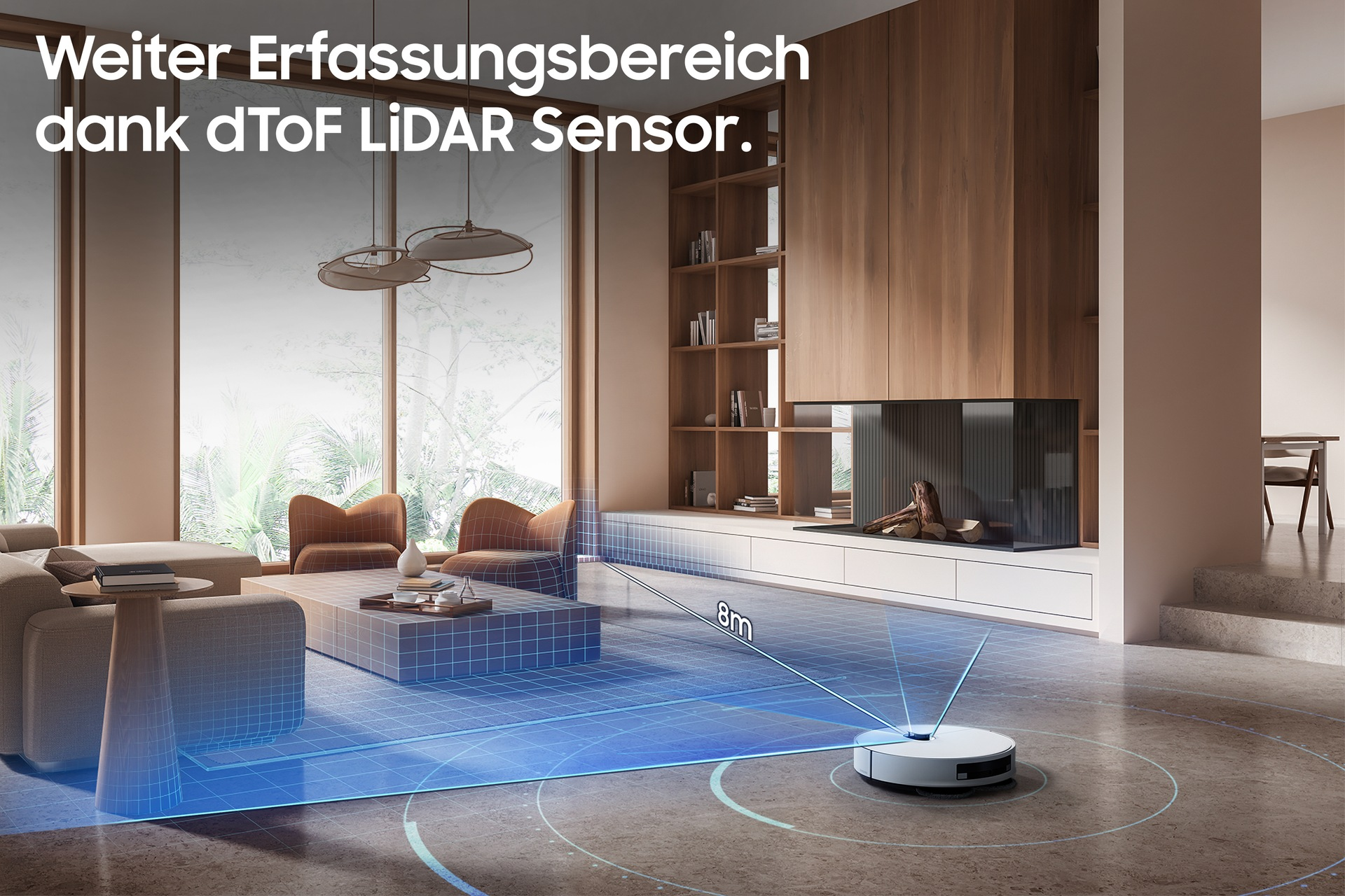 Robot sprzątający w salonie. Ma niebieski obszar skanowania.