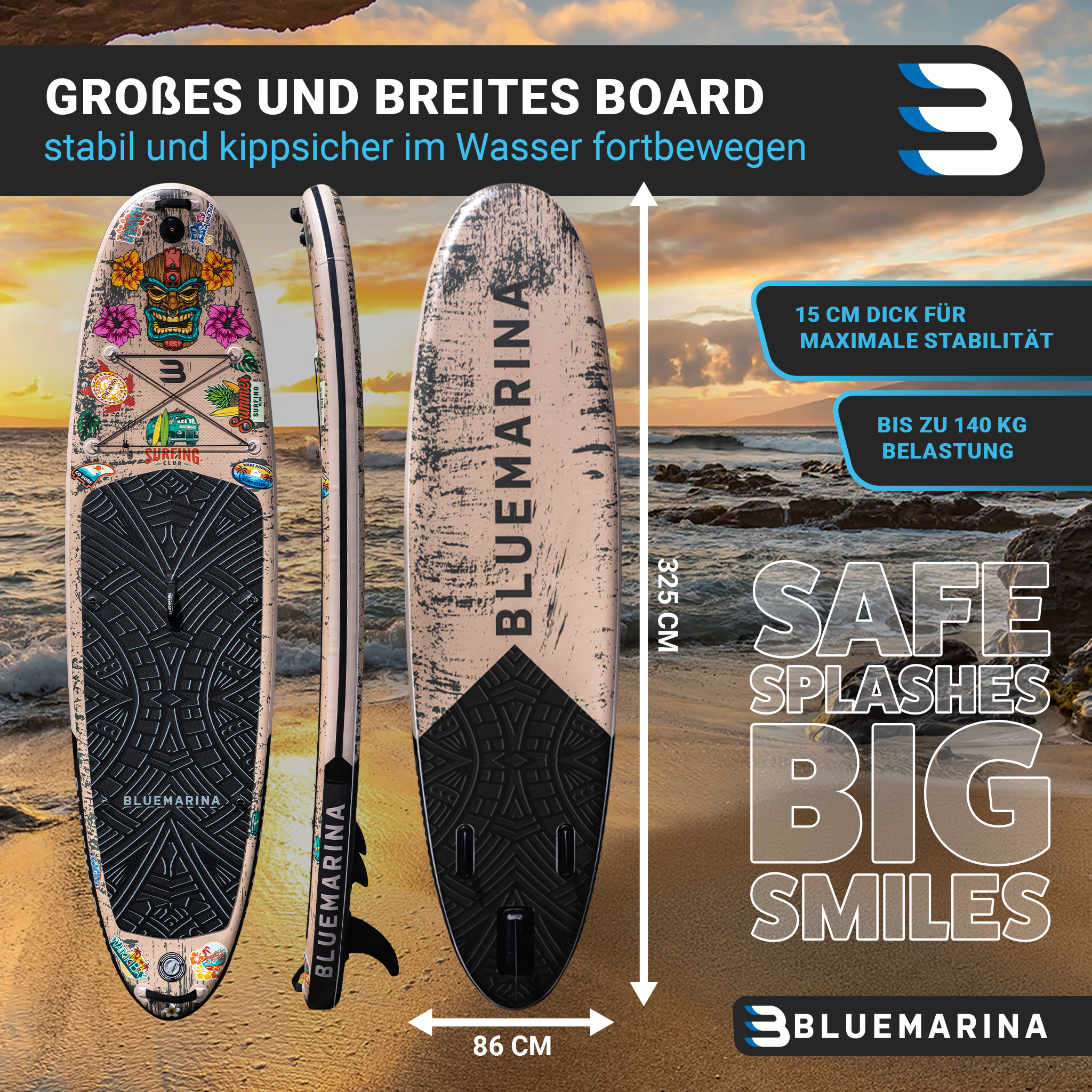 Drei Stand-Up-Paddleboards an einem Strand. Das Board hat ein Blumendesign, mit Abmessungen und Text.