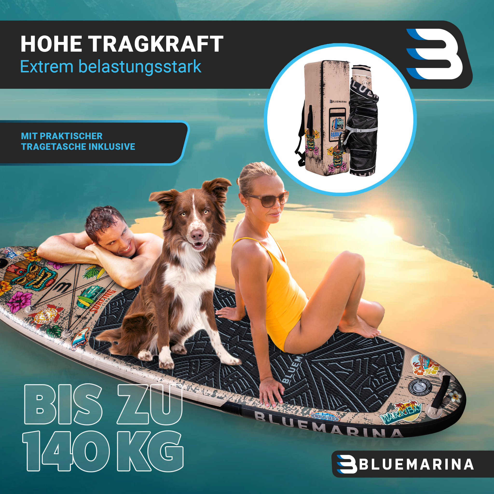 Menschen und ein Hund auf einem Paddleboard mit dem Text 'BIS ZU 140 KG' und einer Tasche.