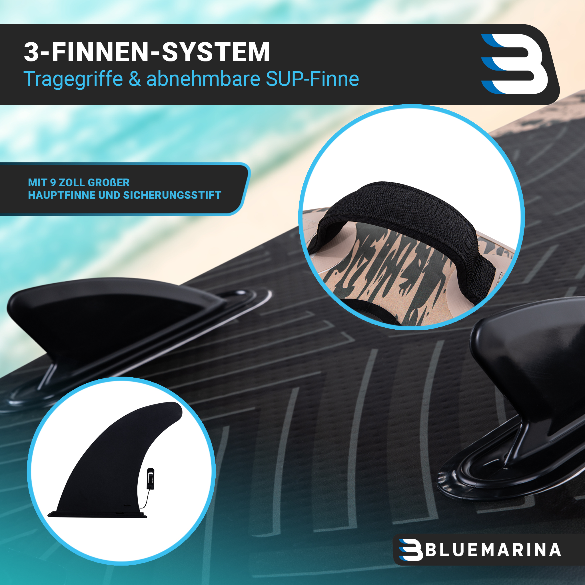 Nahaufnahme eines SUP-Boards mit Finnen, die Finnen, Griff und Branding zeigend.