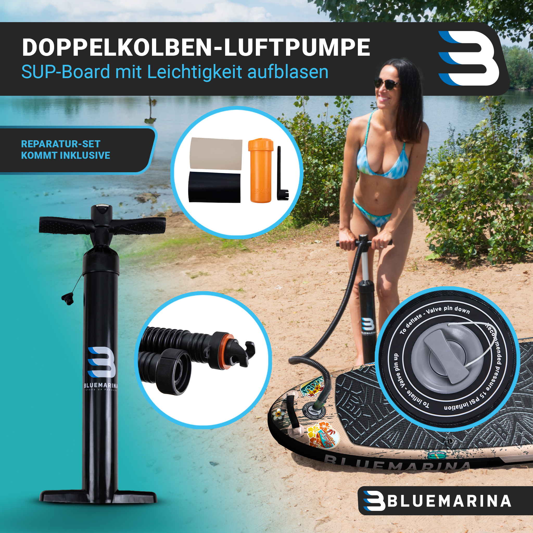 Frau, die ein SUP-Board mit einer Pumpe aufbläst, Produktbilder und Reparaturset im Blick.