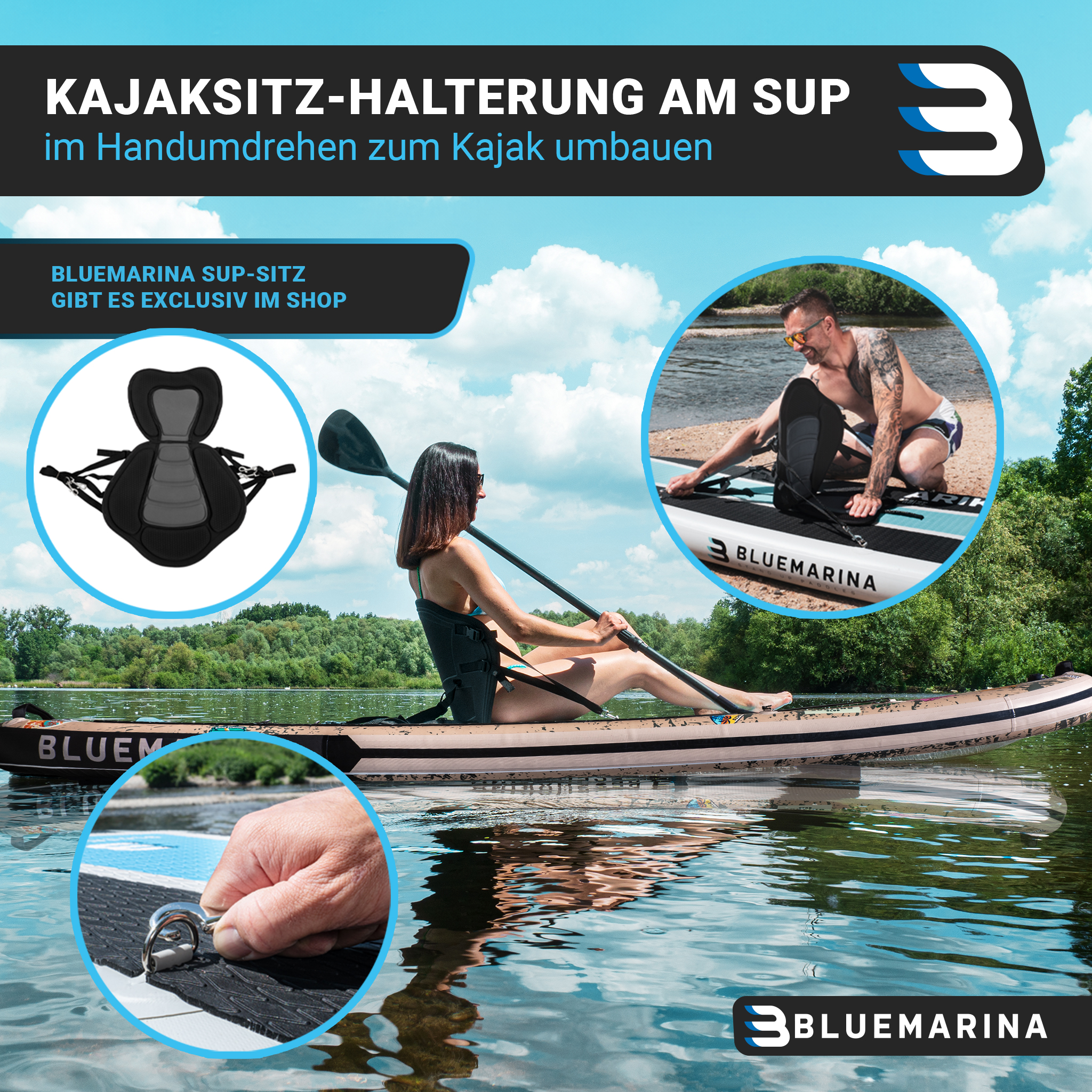Mehrere Bilder zeigen einen Kajaksitz auf einem Paddleboard, mit Personen, die ihn benutzen. Text auf Deutsch.