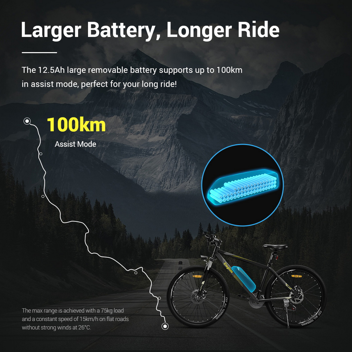 Rower elektryczny na drodze, z podświetlonym akumulatorem i tekstem o zasięgu.