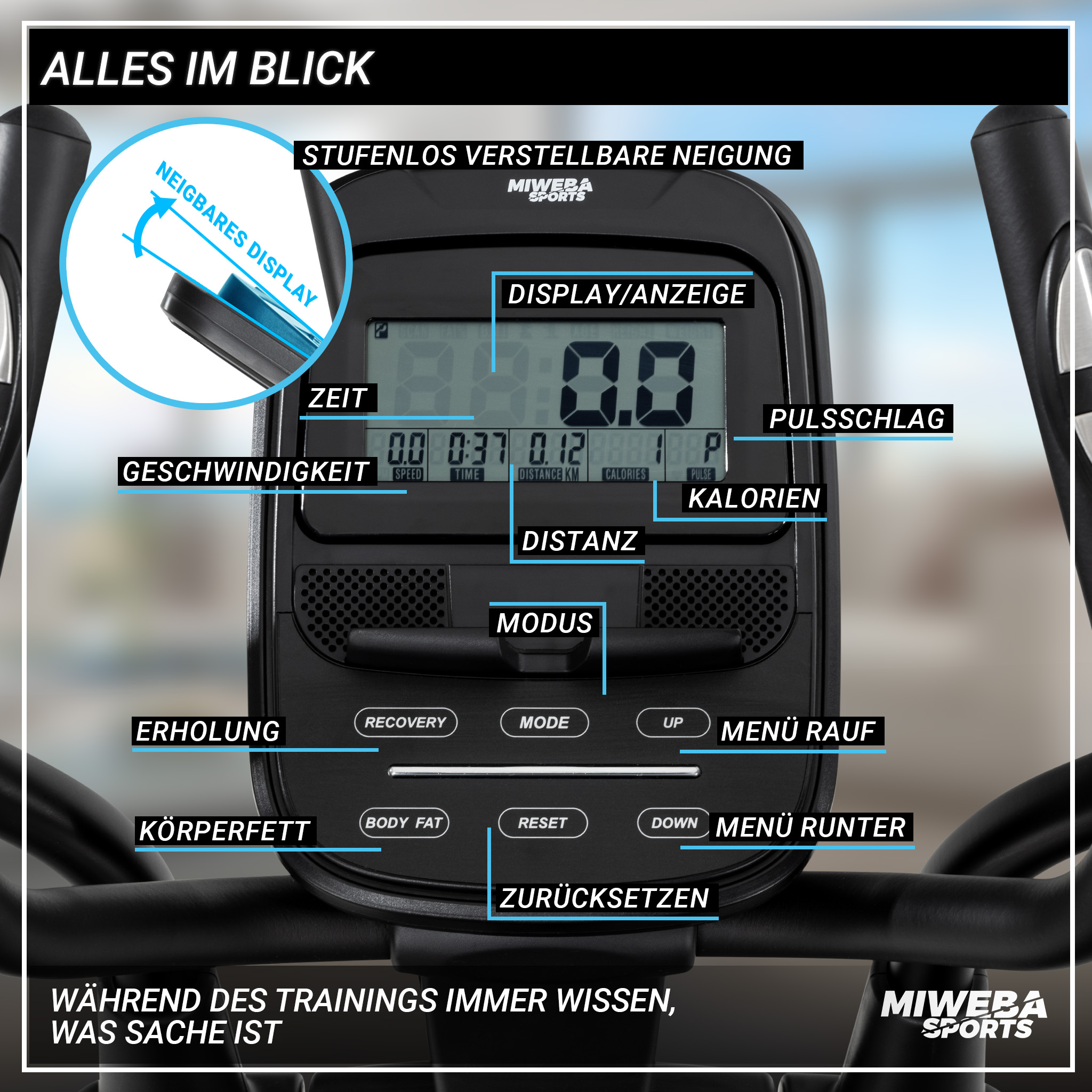 Nahaufnahme des Displays eines Fitnessgeräts mit Anzeige von Zeit, Geschwindigkeit, Distanz, Kalorien und anderen Metriken.