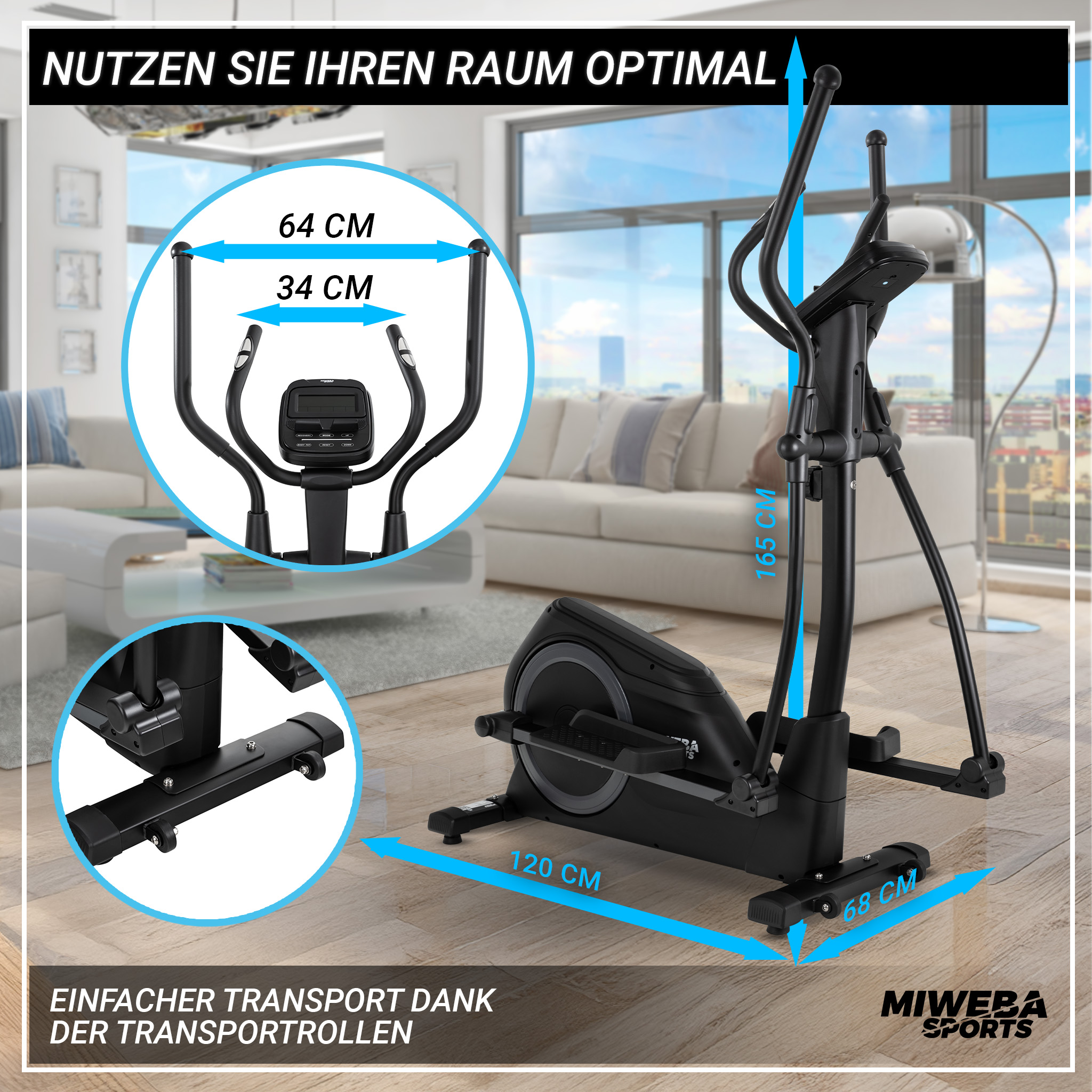 Schwarzer Crosstrainer mit Maßen. Moderner Innenraum im Hintergrund.