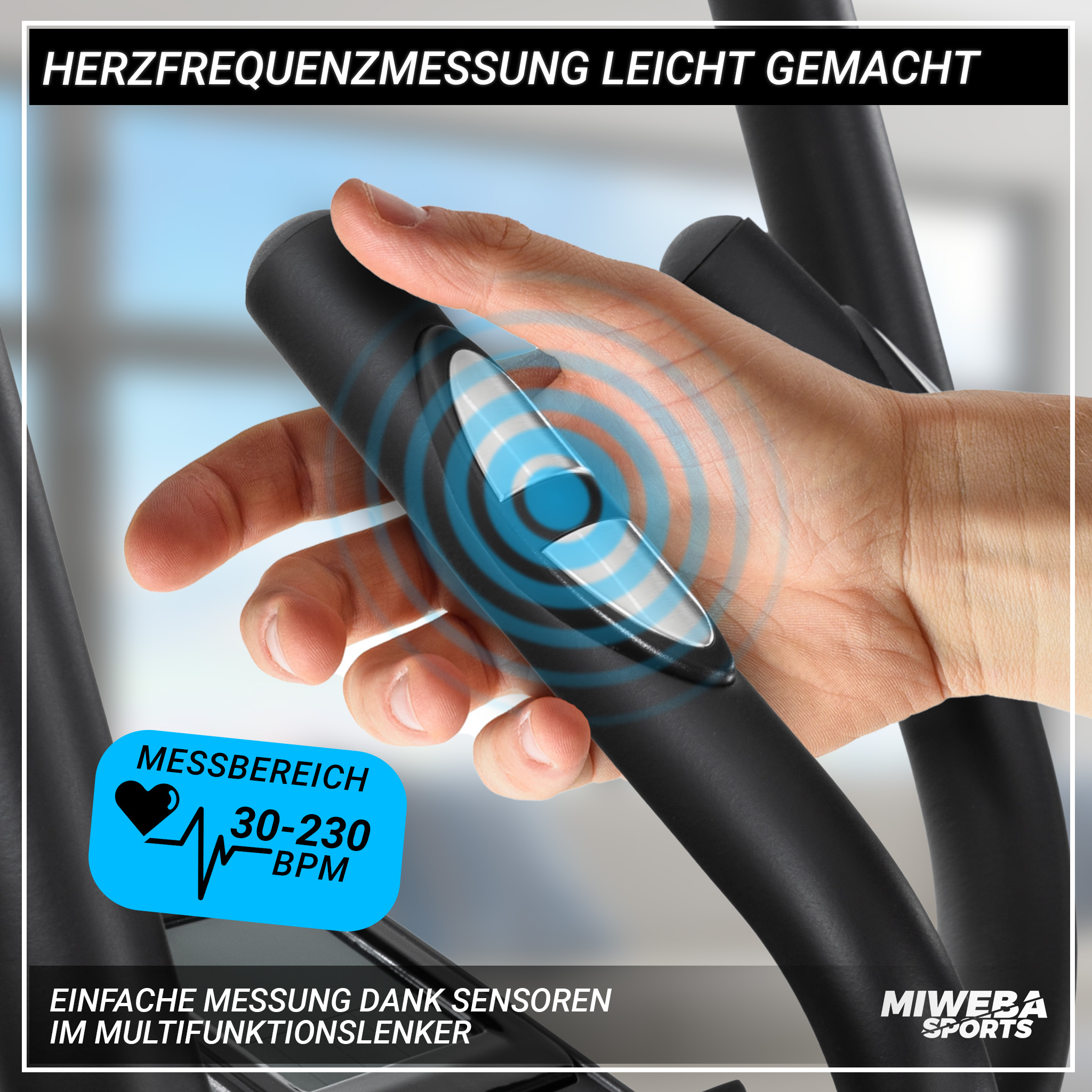 Eine Hand auf einer Maschine, die die Herzfrequenz anzeigt, mit deutschem Text.