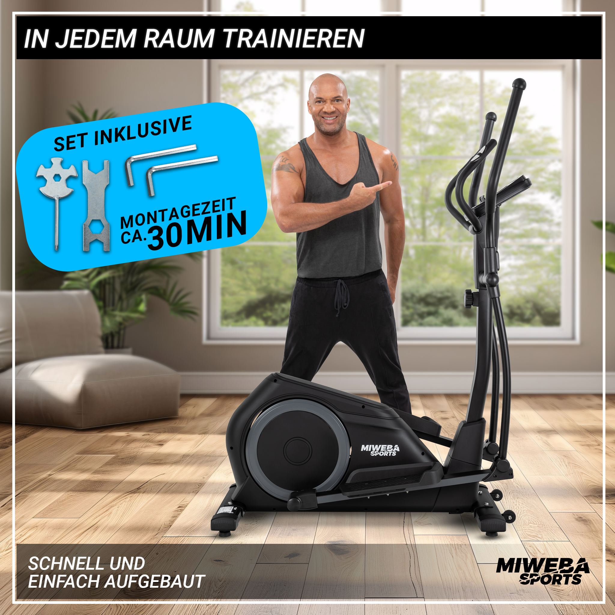 Ein Mann zeigt auf ein Ellipsentrainer mit Werkzeugen und Text.