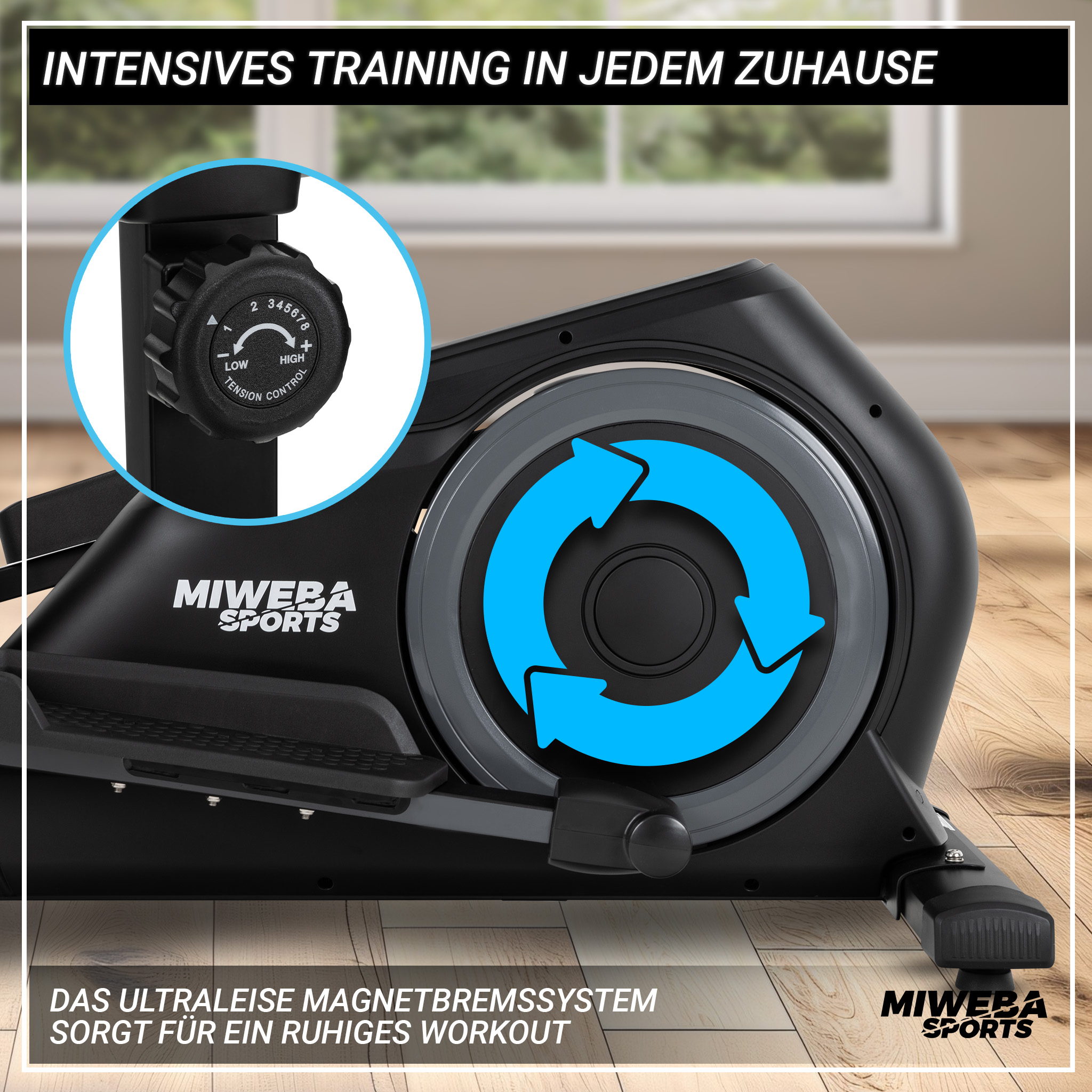Schwarzes Trainingsrad mit einem Drehknopf zur Spannungskontrolle. Das Rad steht auf einem Holzboden. Pfeile zeigen die Bewegungsrichtung.