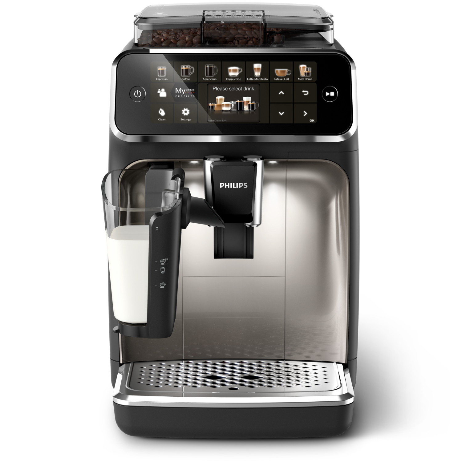 Macchina da caffè Philips nera con contenitore del latte e touchscreen.