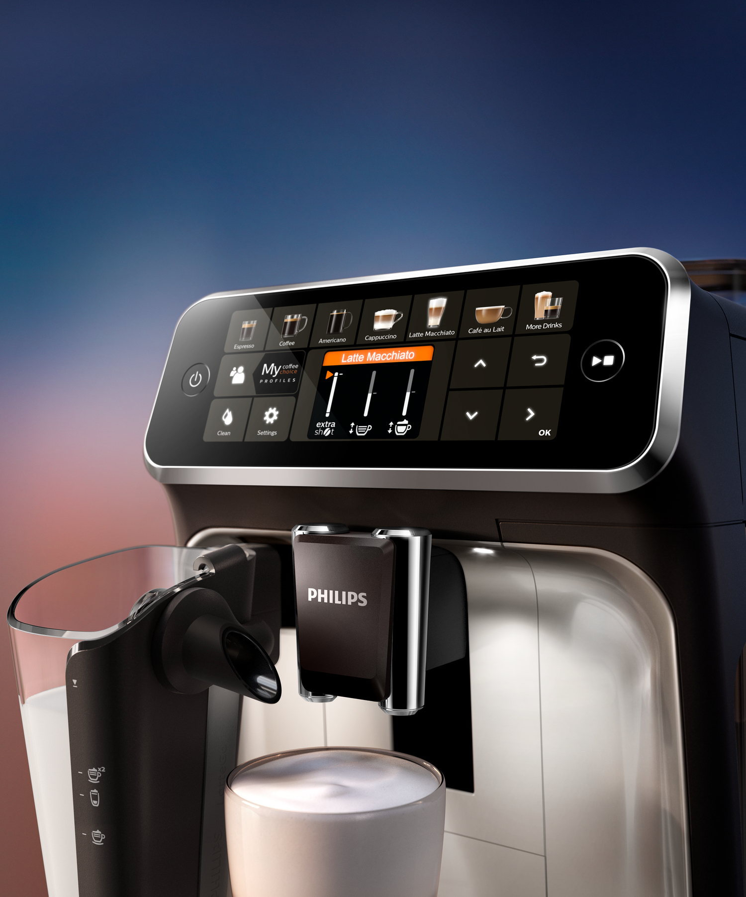 Un primo piano di una macchina da caffè con l'opzione Latte Macchiato evidenziata sul display.