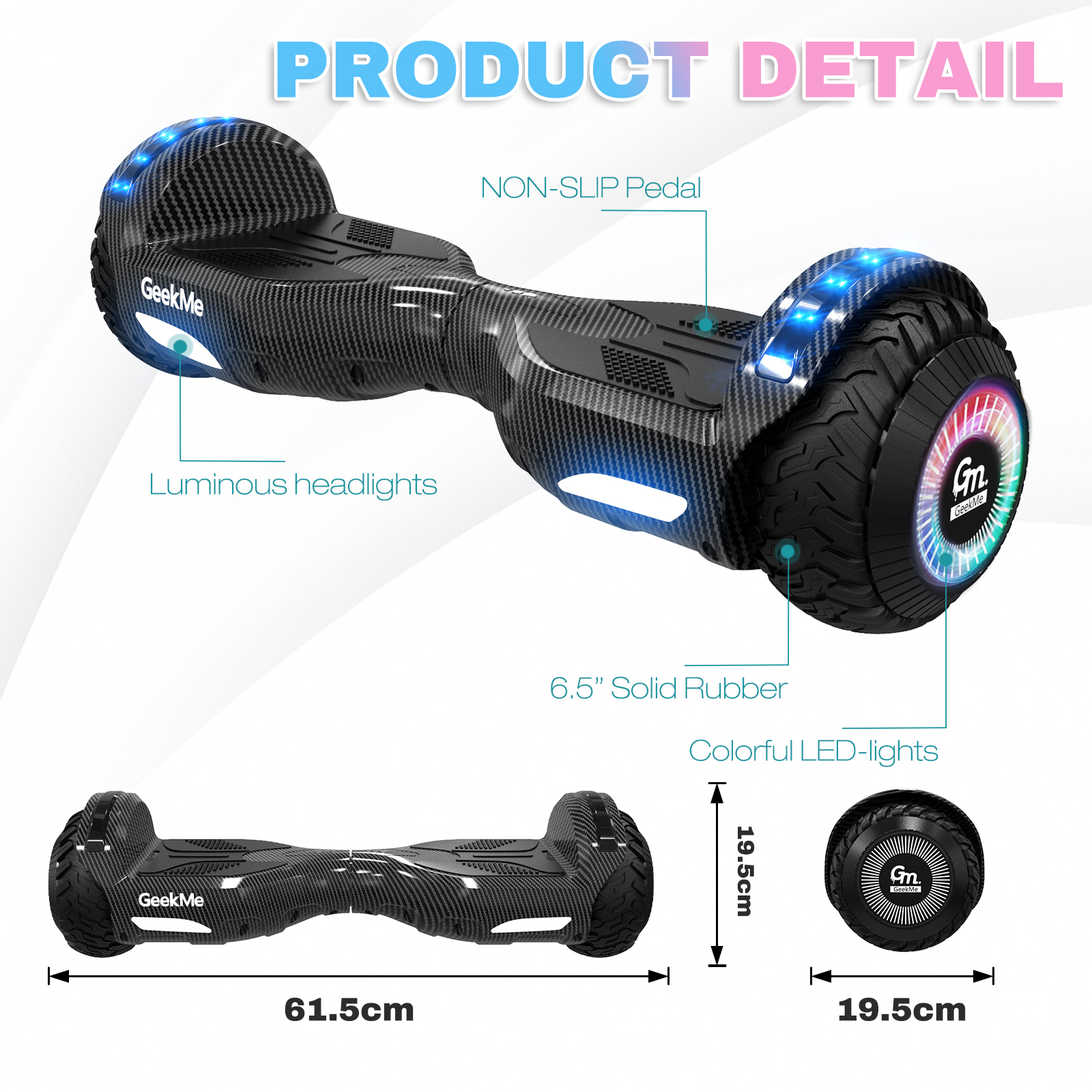 Un hoverboard nero con luci blu, etichette di testo e dimensioni. Ha luci a LED colorate.