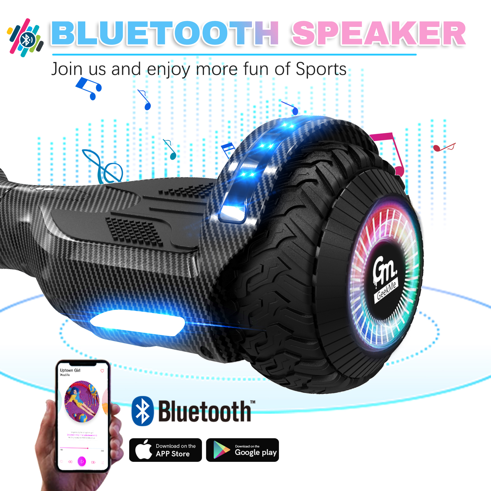 Un hoverboard nero e grigio con una ruota illuminata, testo e un telefono con musica.